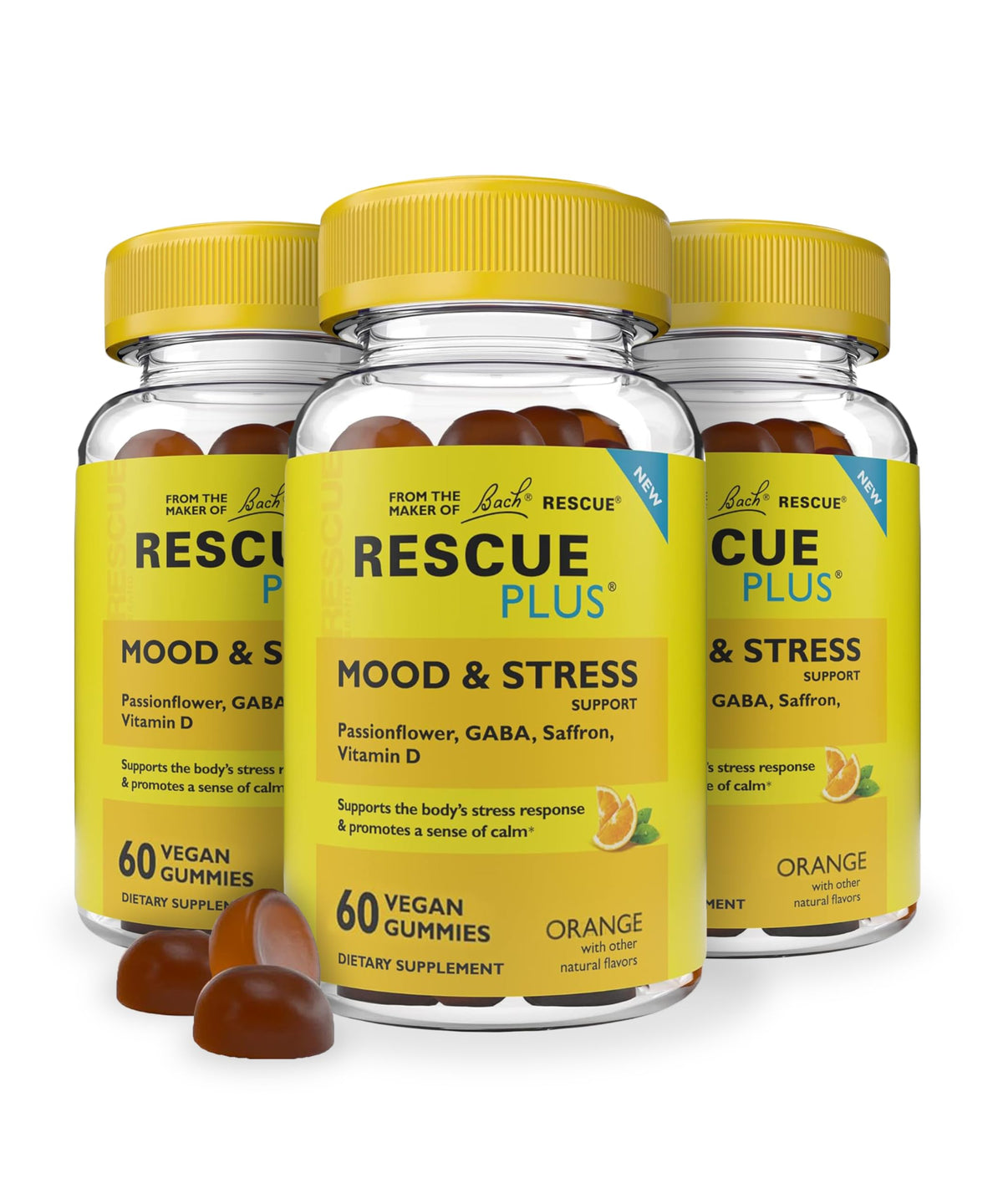 RESCUE Bach Plus Gomitas: botella destacada para apoyo del estado de ánimo durante el día