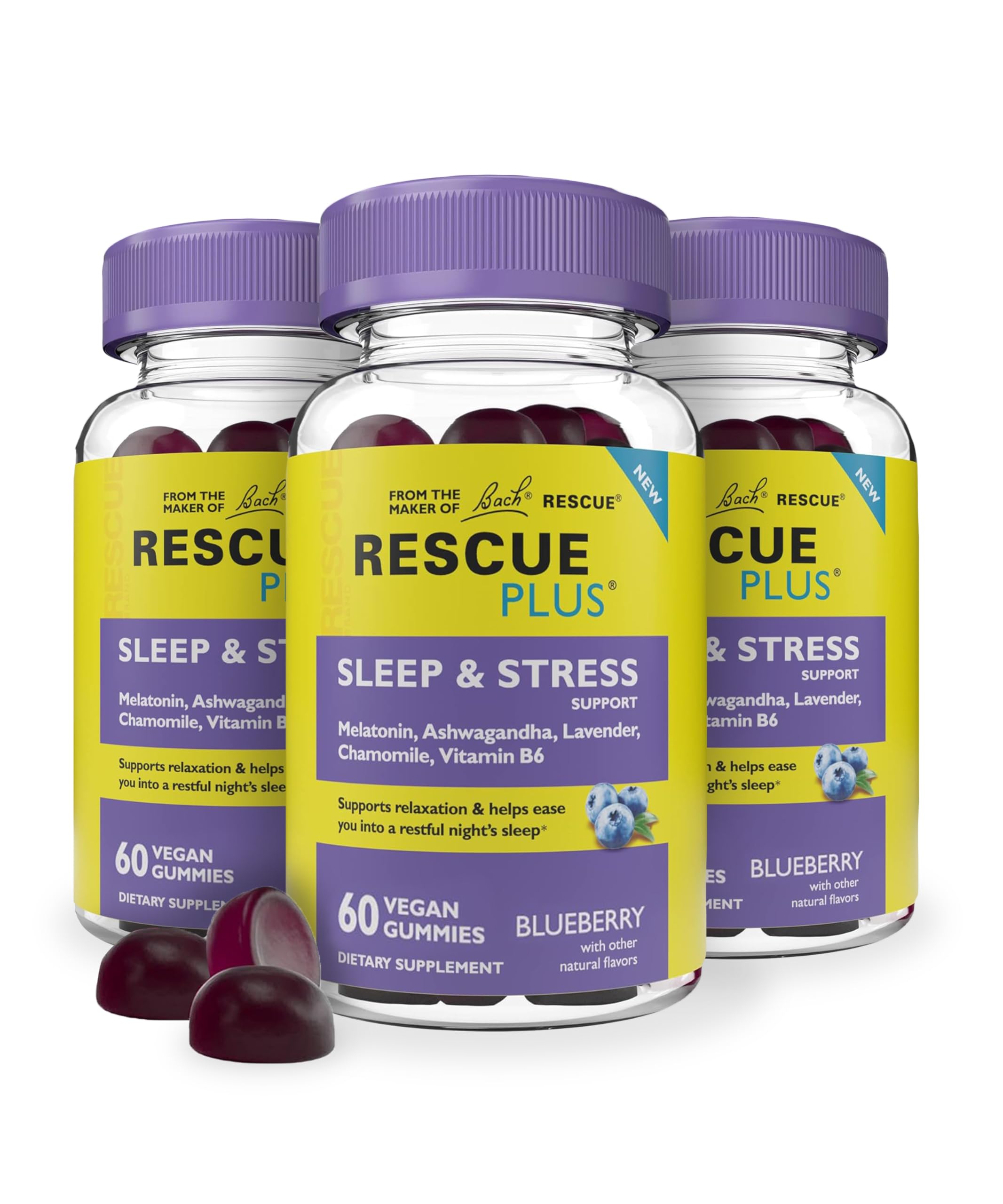 RESCUE Bach Plus gomitas en botella para relajación nocturna.