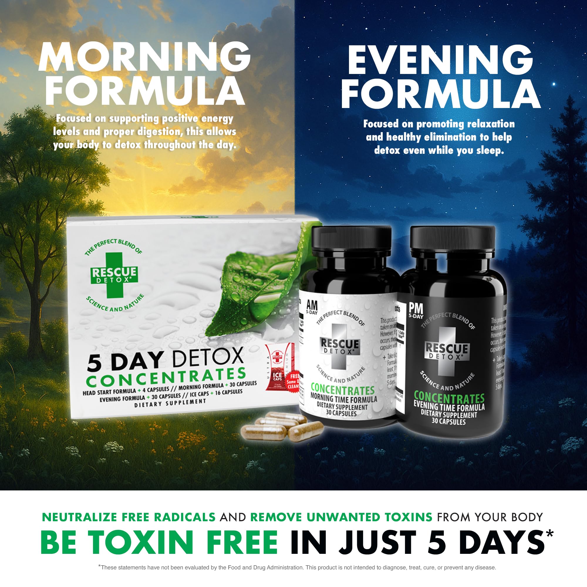 Rescue Detox frascos transparentes muestran dosis para cada día
