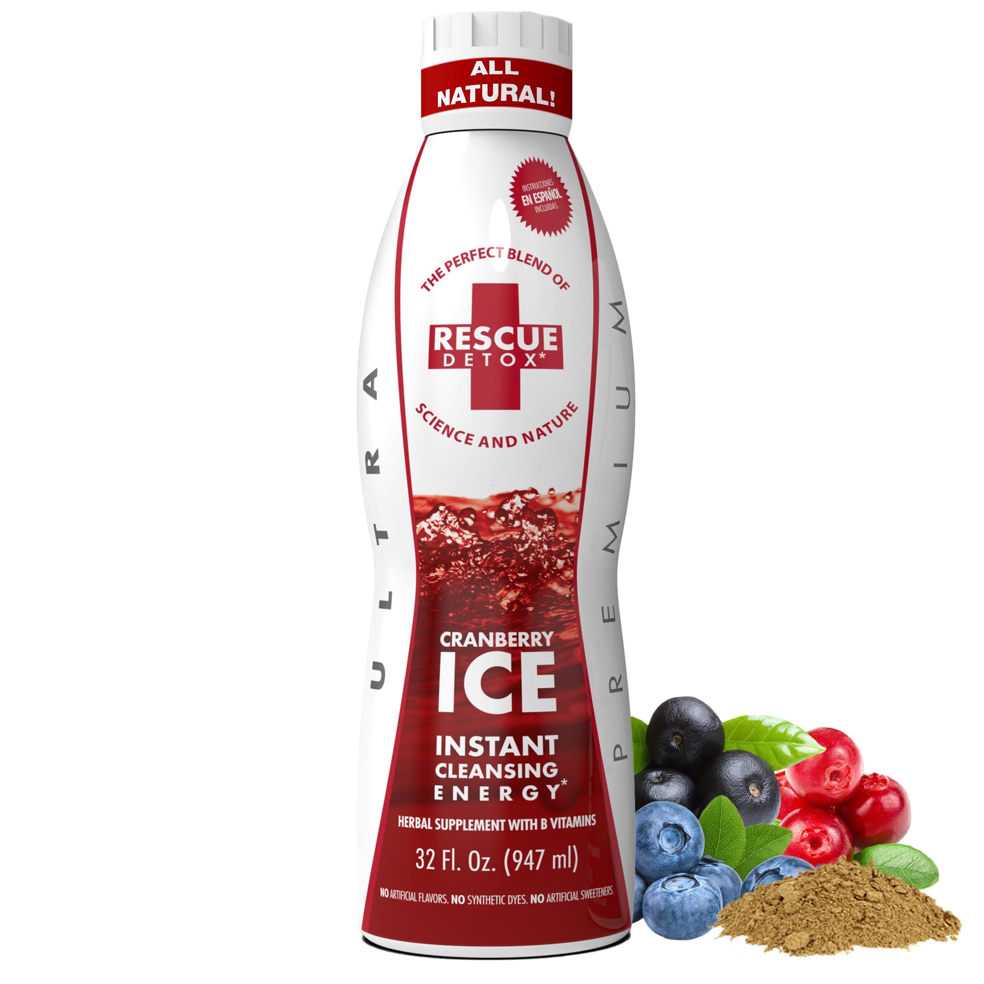 Rescue Detox ICE arándano, botella 32oz lista para uso práctico.