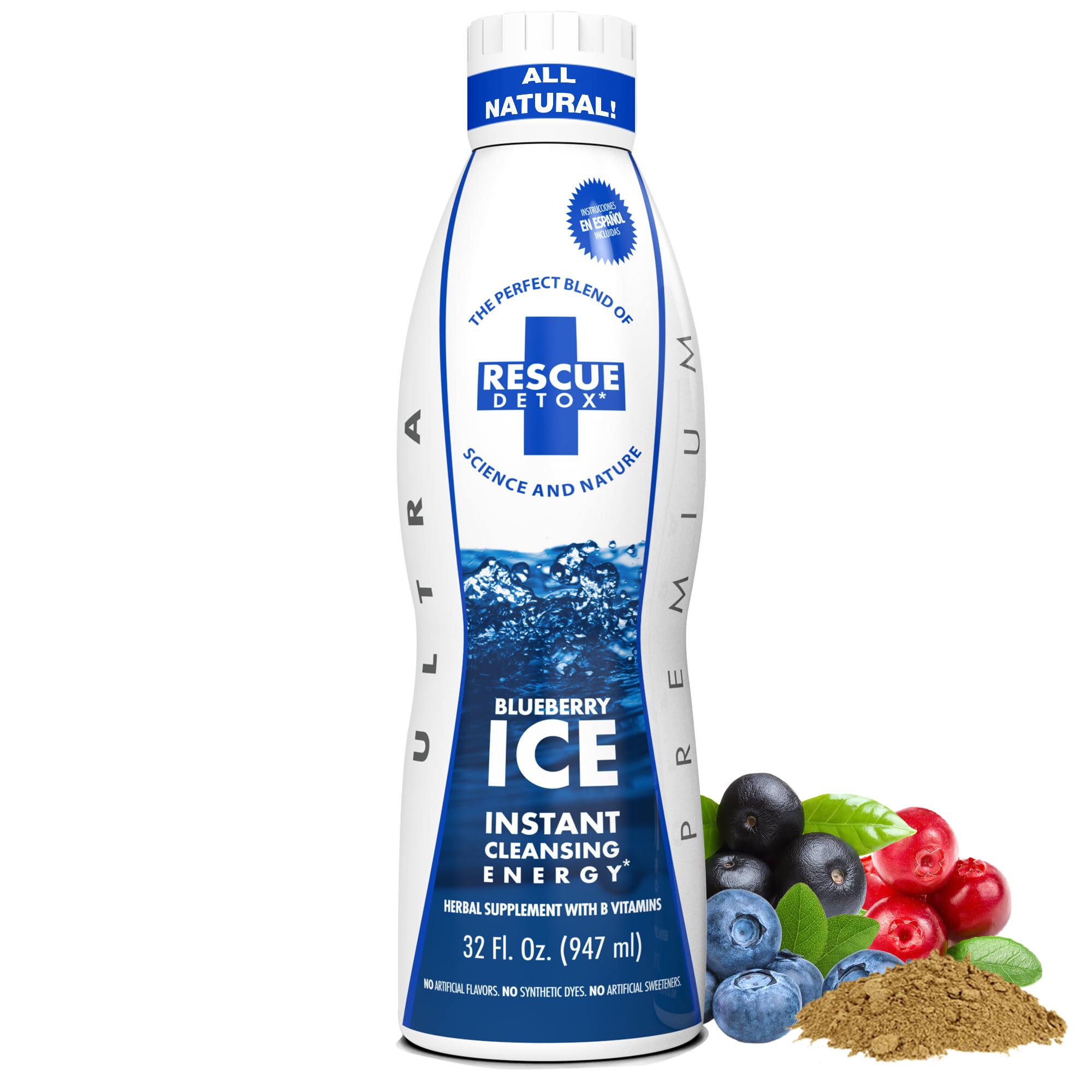 Rescue Detox ICE sabor arandano, botella frontal para uso diario.