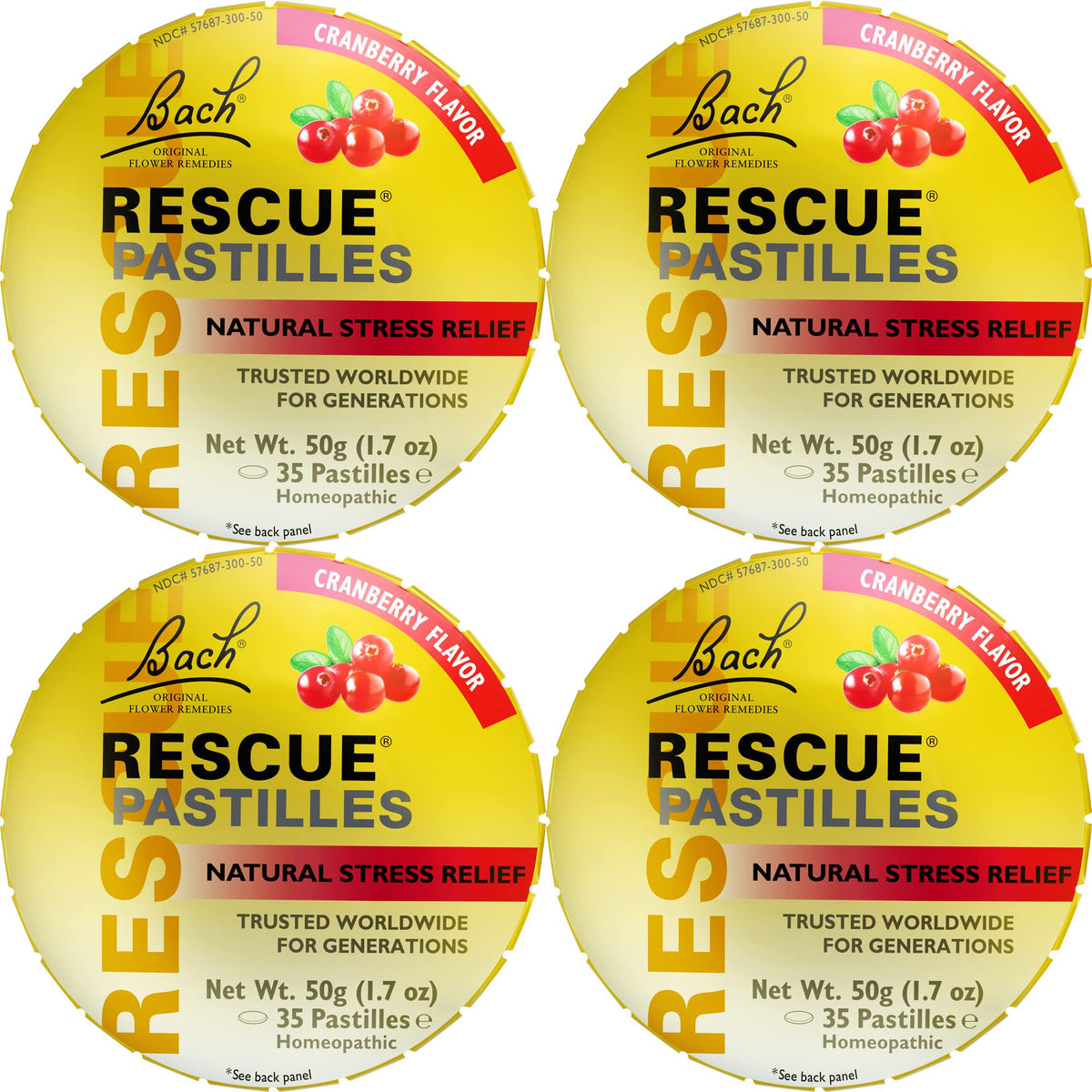 Pastillas Rescue de arándano, vista frontal; ayudan a gestionar el estrés diario.