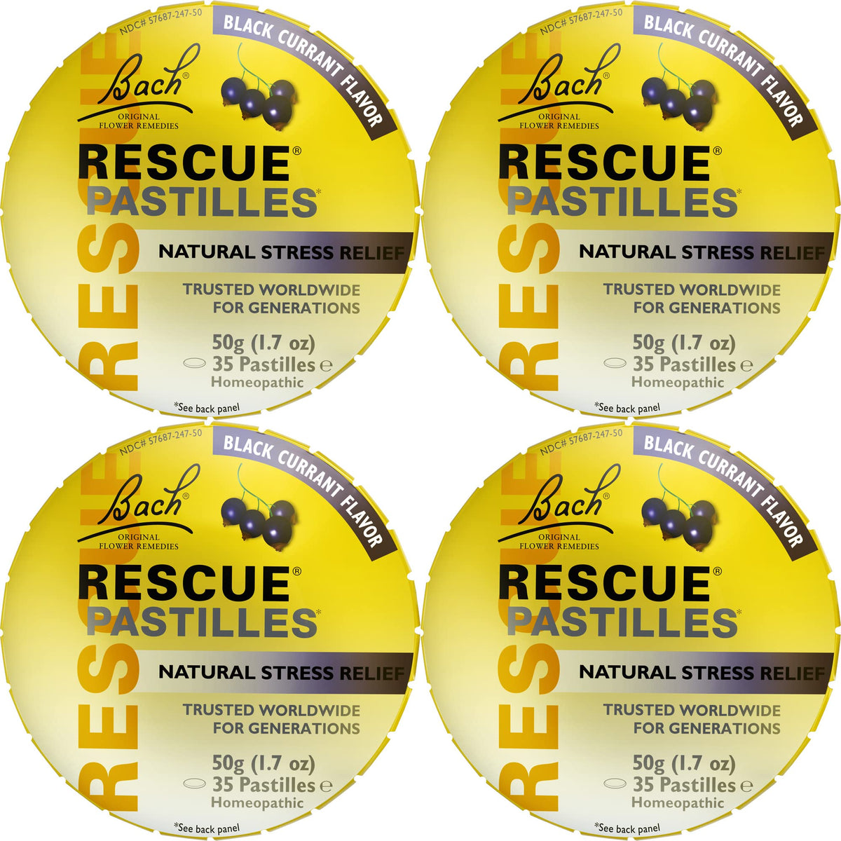 Pastillas Rescue de arándano negro en envase, ayudan a mantener la calma diaria.