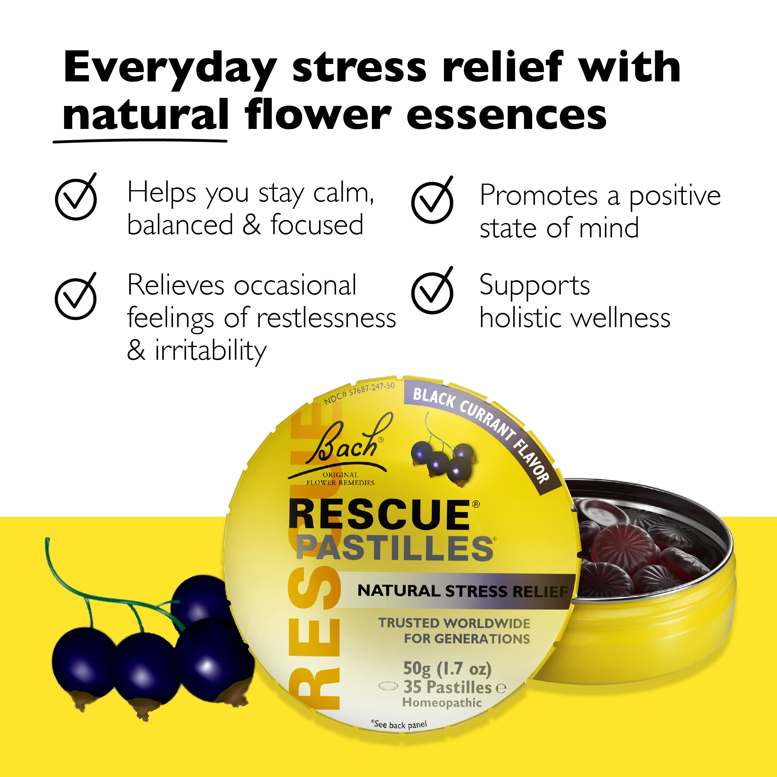 Pastillas Rescue arándano negro en formato individual, fáciles de usar al salir.