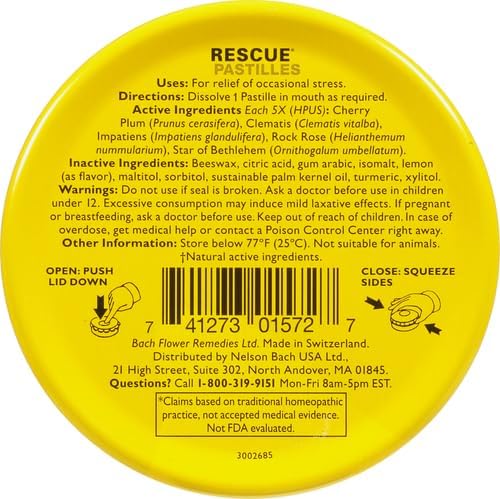 Detalle del empaque de RESCUE Bach Pastillas Limón, sin gluten ni alérgenos.