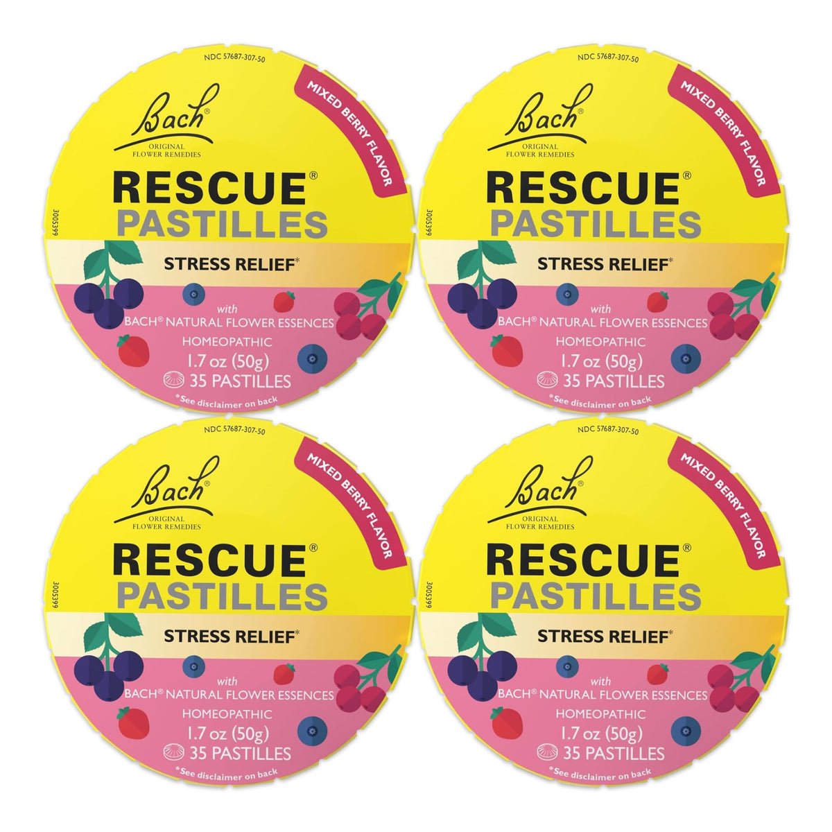 Pastillas RESCUE mezcla de bayas para alivio suave del estrés diario.