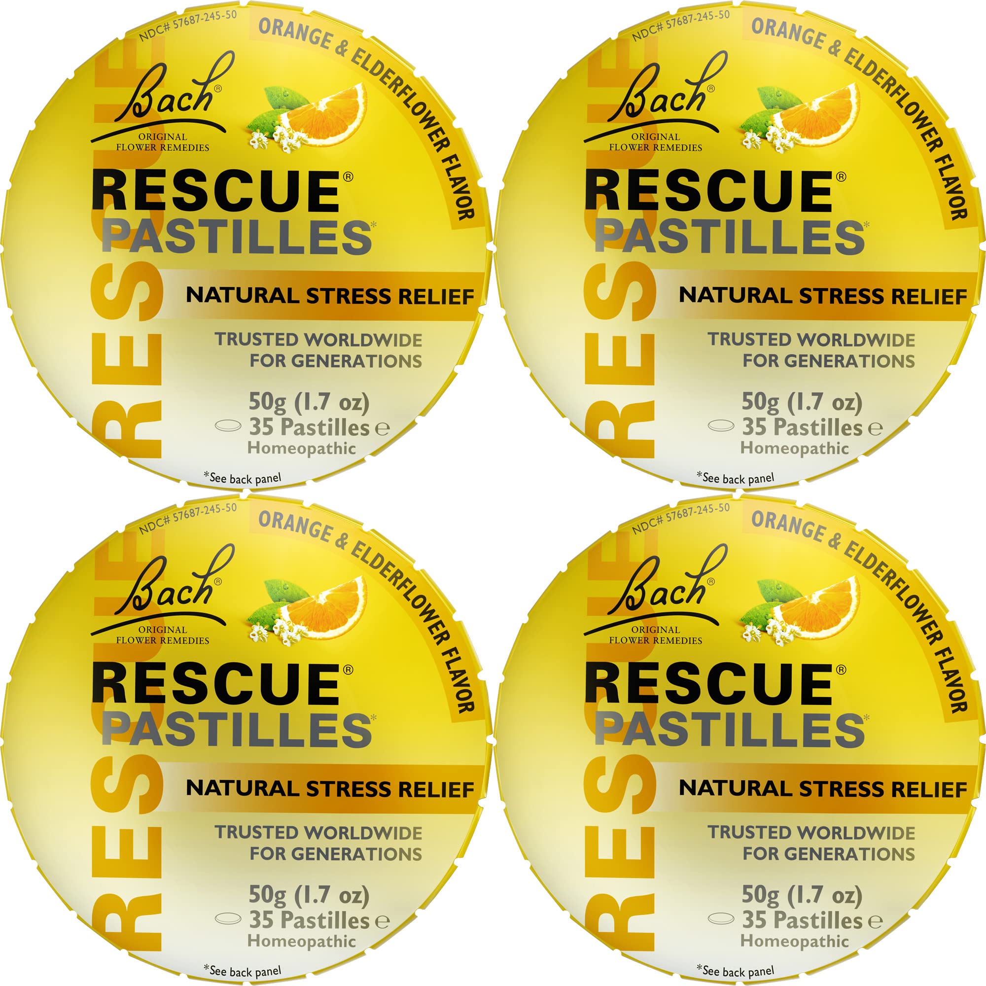 RESCUE pastillas naranja-sauco en empaque, alivio suave del estrés
