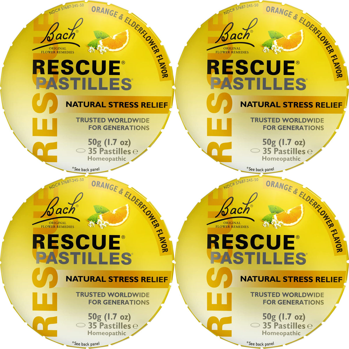 RESCUE pastillas naranja-sauco en empaque, alivio suave del estrés
