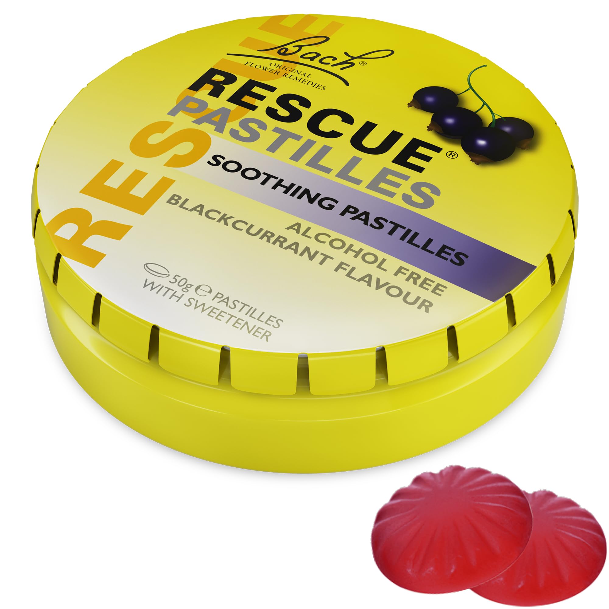 Rescue Pastillas sabor mora negra en lata con clic para relajarte durante el día.