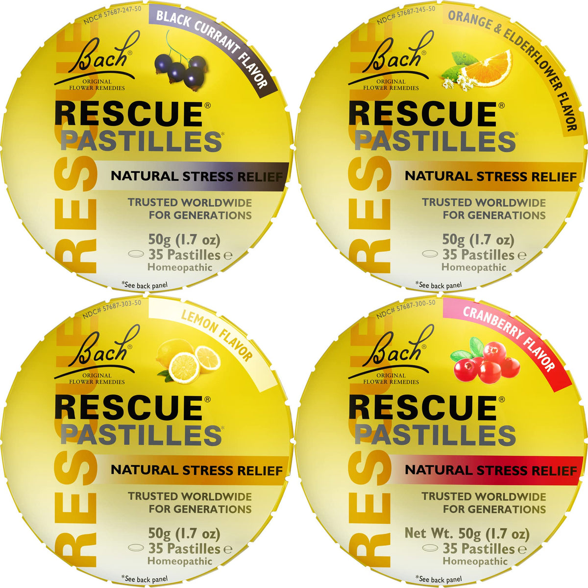 RESCUE Pastilles frente al envase, listo para llevar.