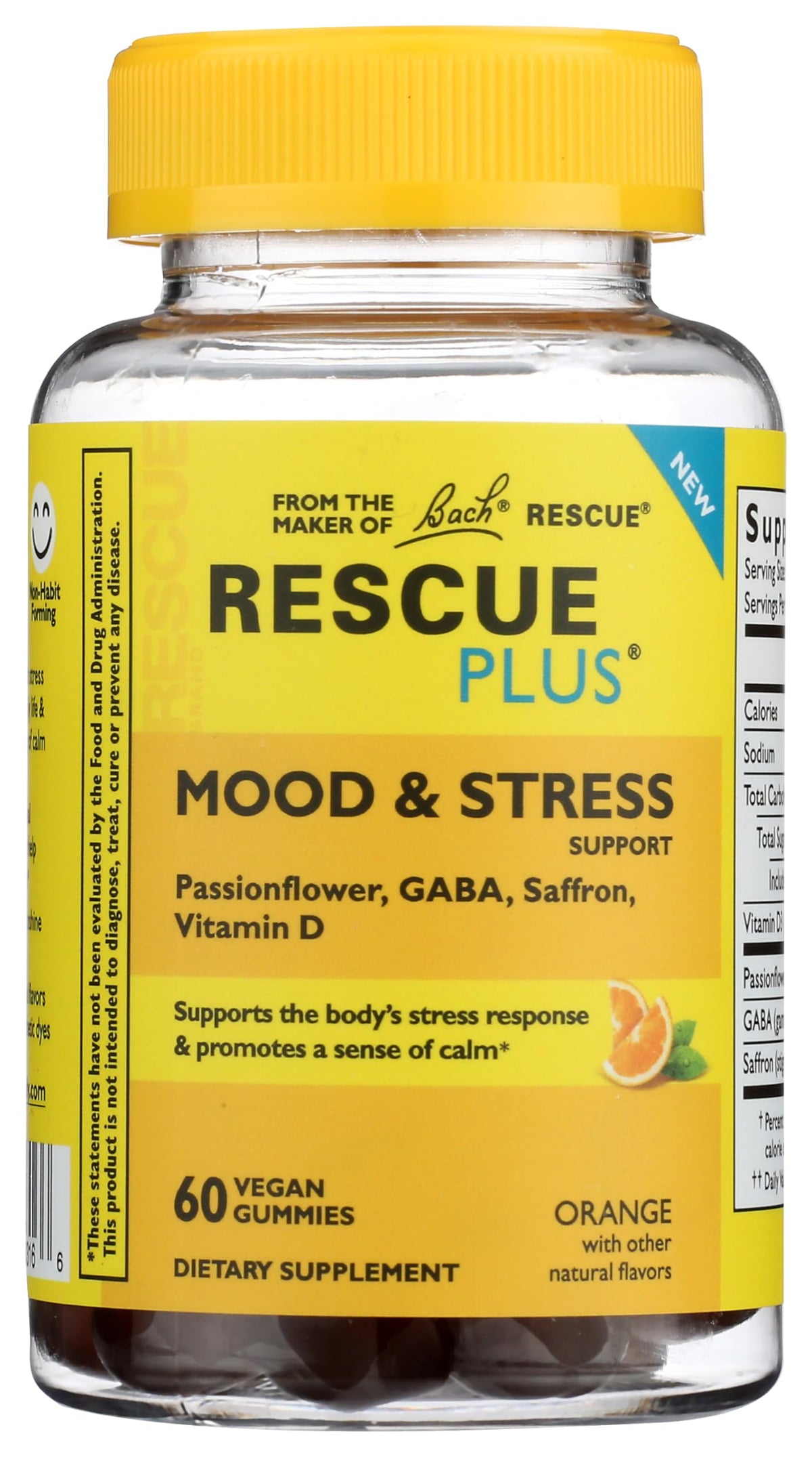 RESCUE Plus gomitas frente al envase, apoyo suave al estado de ánimo durante el día.
