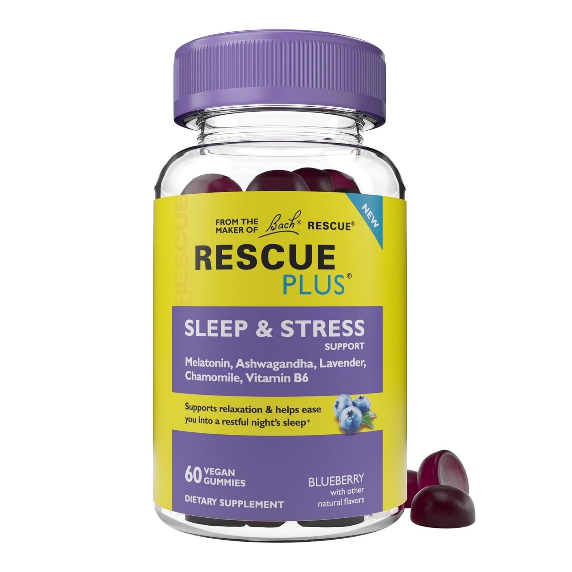 RESCUE PLUS gomitas para dormir, botella visible para rutina nocturna relajante.