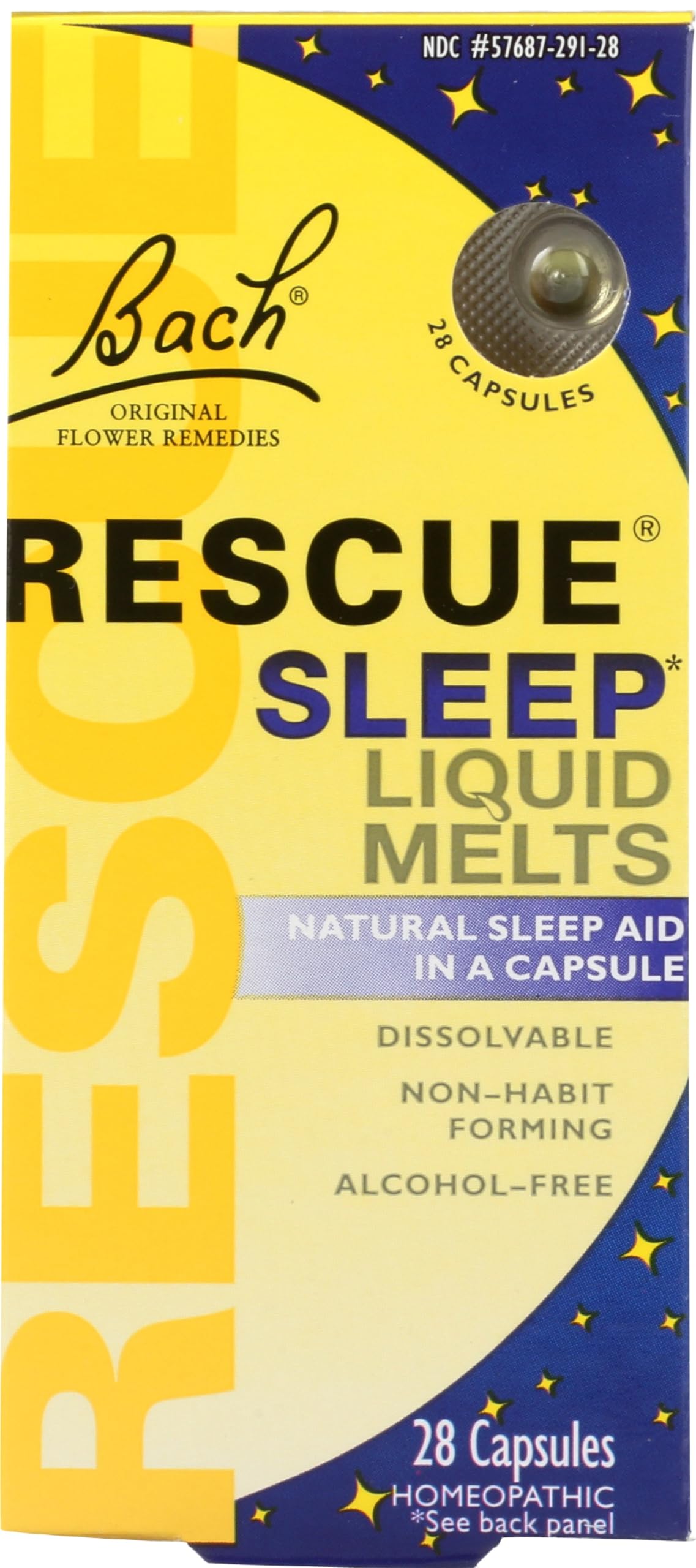 RESCUE Sueño Liquid Melts con sabor naranja vainilla, disolución rápida en la lengua.