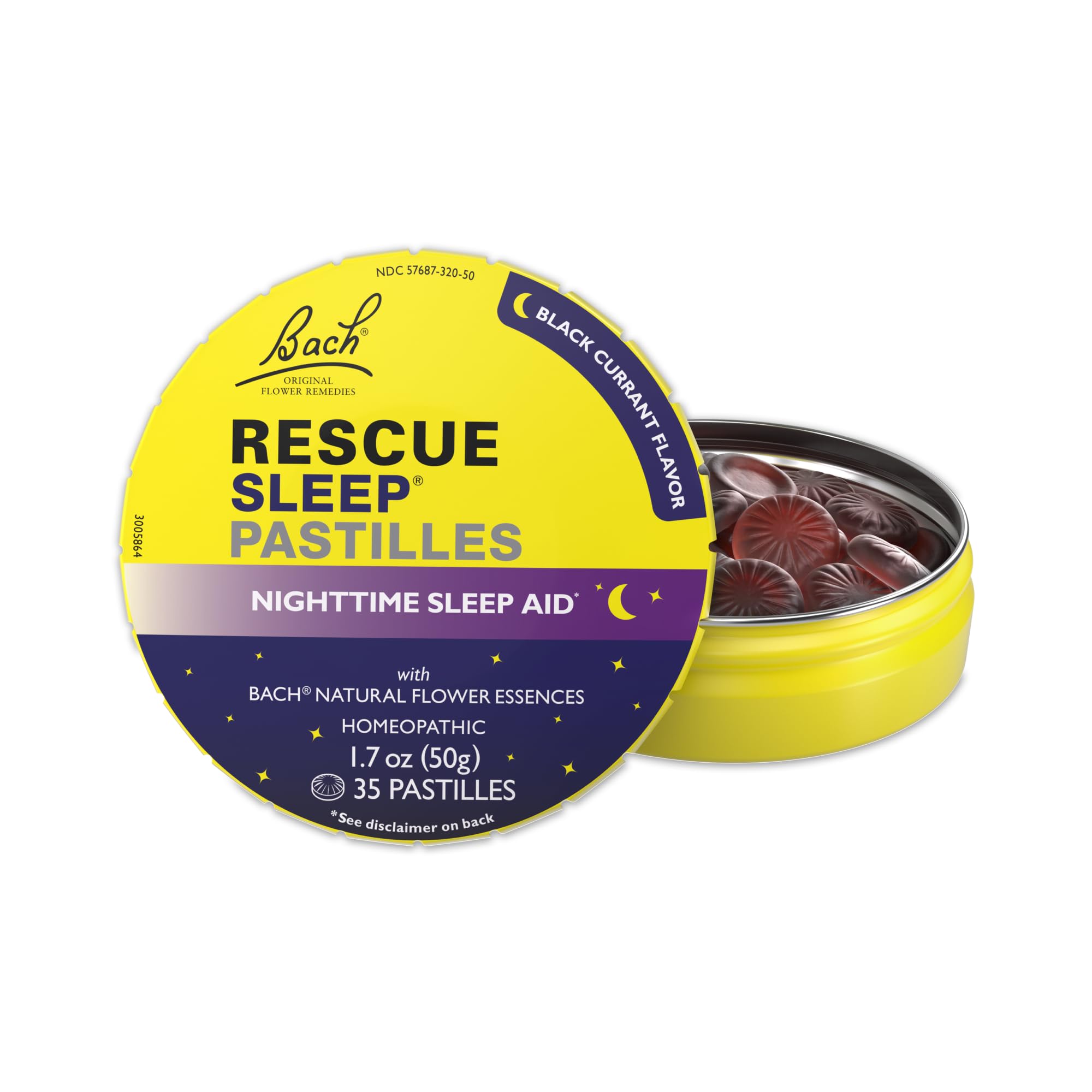 Pastillas RESCUE para dormir con sabor grosella negra en empaque frontal