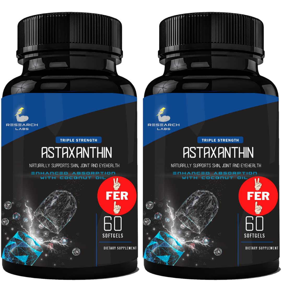Research Labs Astaxantina: cápsulas blandas frente para apoyo antioxidante diario.
