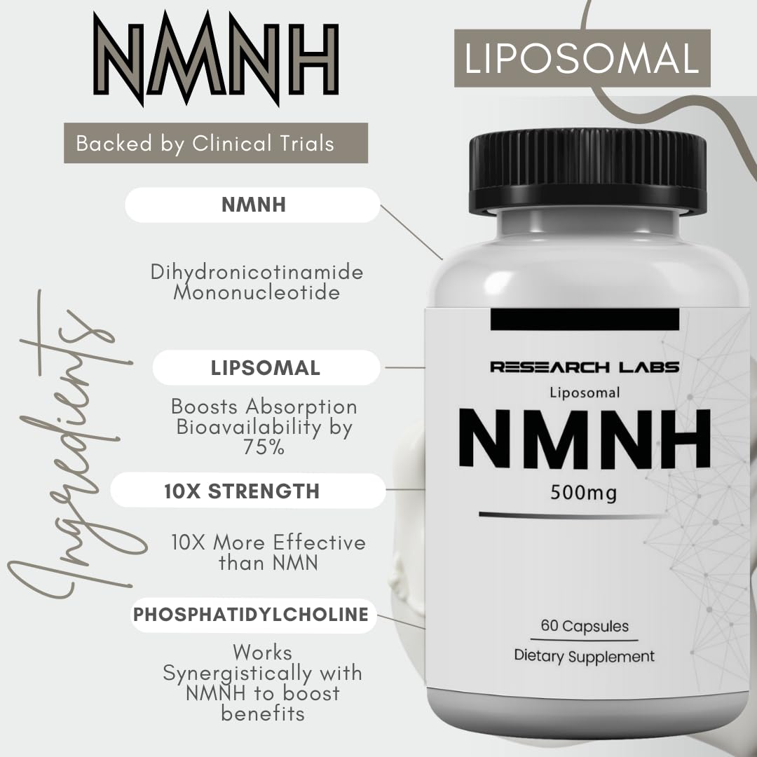 Research Labs NMNH cápsulas: dosis de 500 mg listas para tomar para apoyar NAD+.