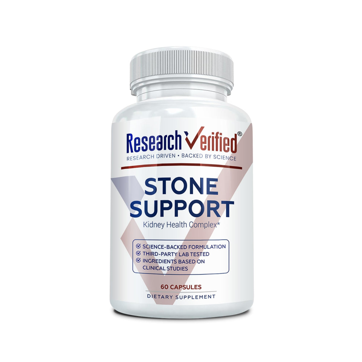 Research Verified Stone Support cápsulas frente, fácil de tomar para apoyo diario.