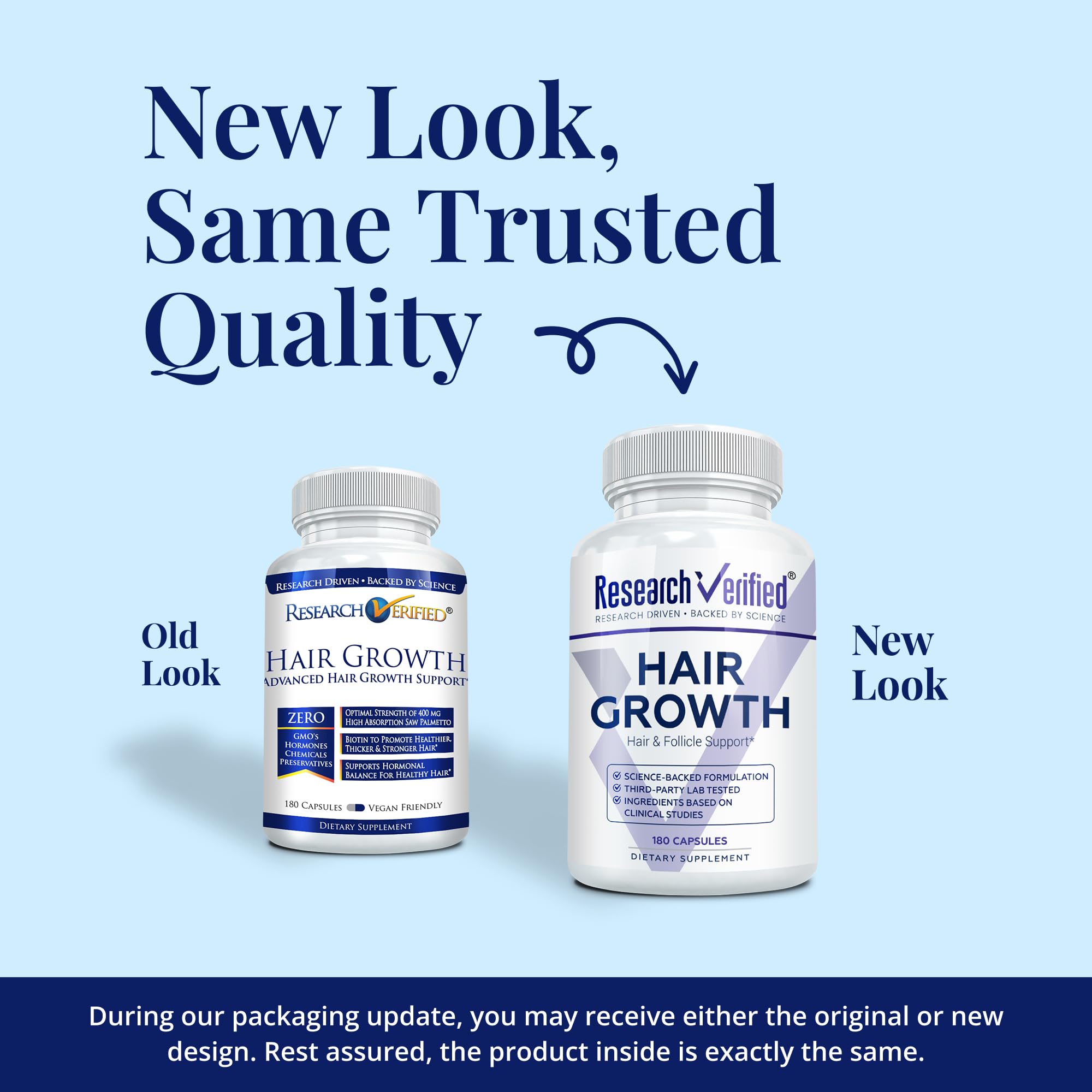 Research Verified Hair Growth Support – etiqueta frontal muestra la marca y enfoque de cuidado capilar.