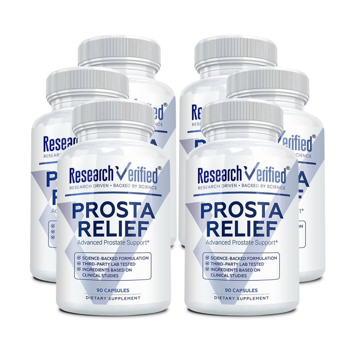 Research Verified Prosta Relief frasco con palma enana para apoyo prostático.