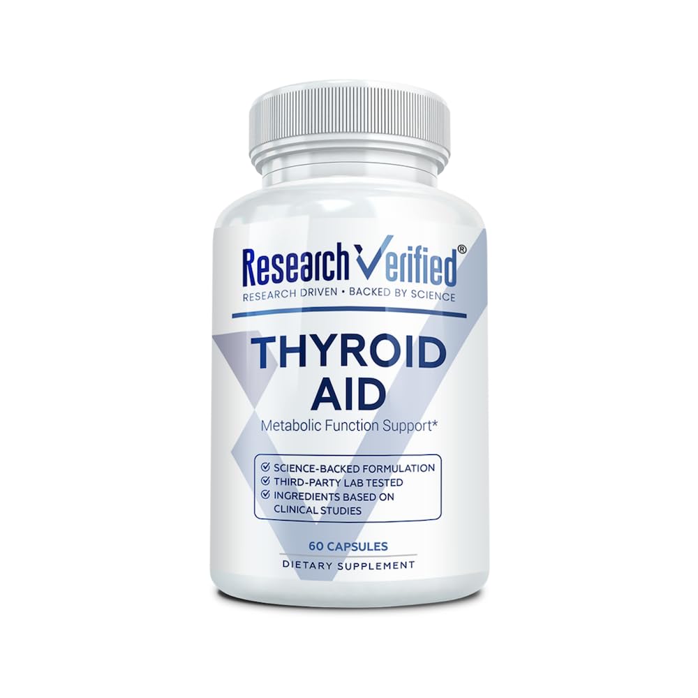 Research Verified Thyroid Aid: botella, apoya rutina diaria de cuidado tiroideo.