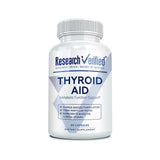 Research Verified Thyroid Aid: botella, apoya rutina diaria de cuidado tiroideo.