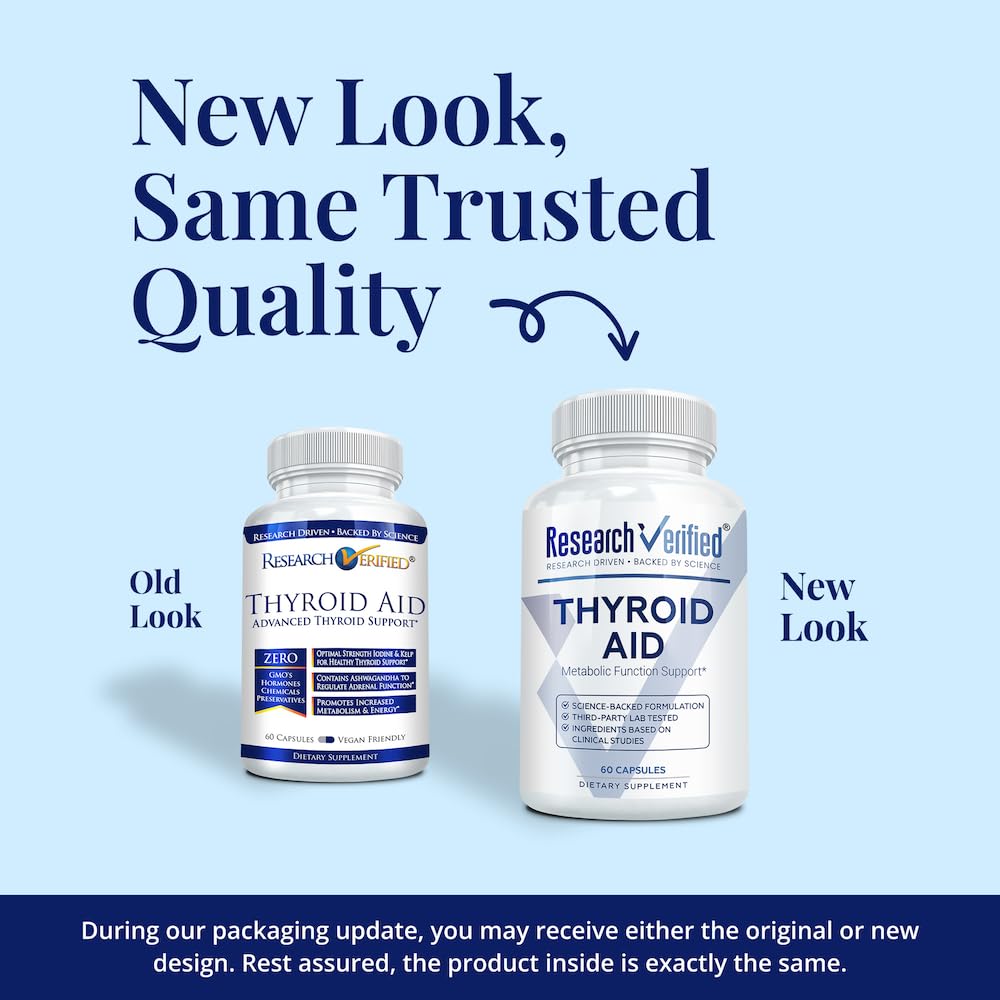Research Verified Thyroid Aid, etiqueta frontal visible, información de uso tiroideo.
