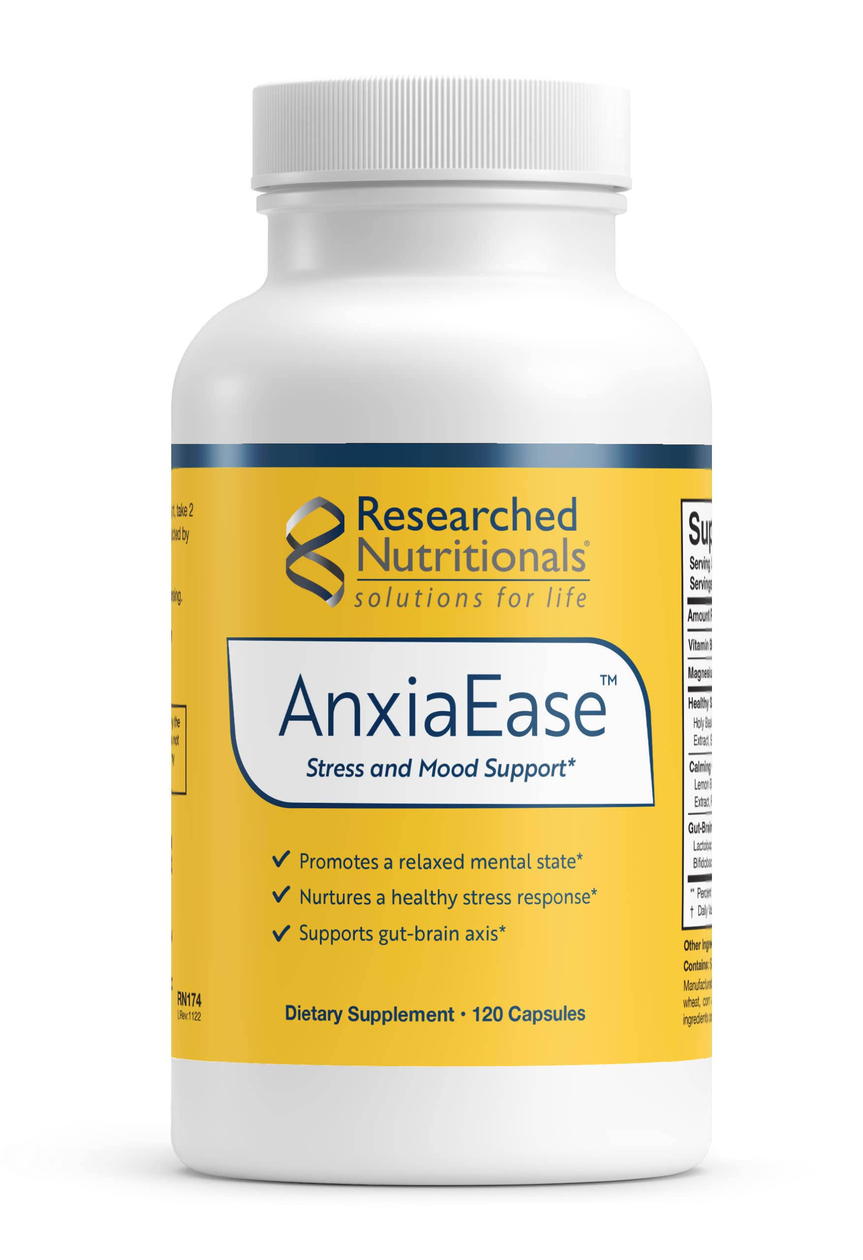 AnxiaEase de Researched Nutritionals, botella vertido para apoyo suave al estrés diario