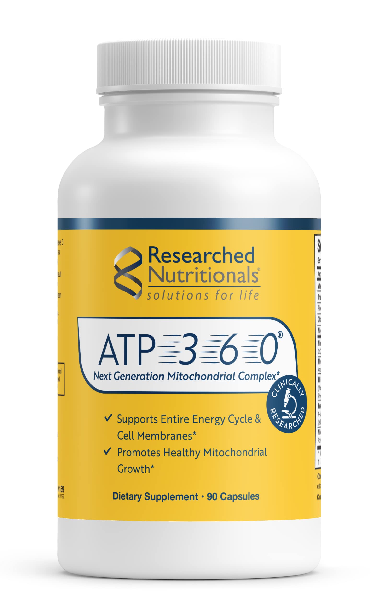 ATP 360 de Researched Nutritionals, botella frontal, apoyo diario al ciclo de energía.