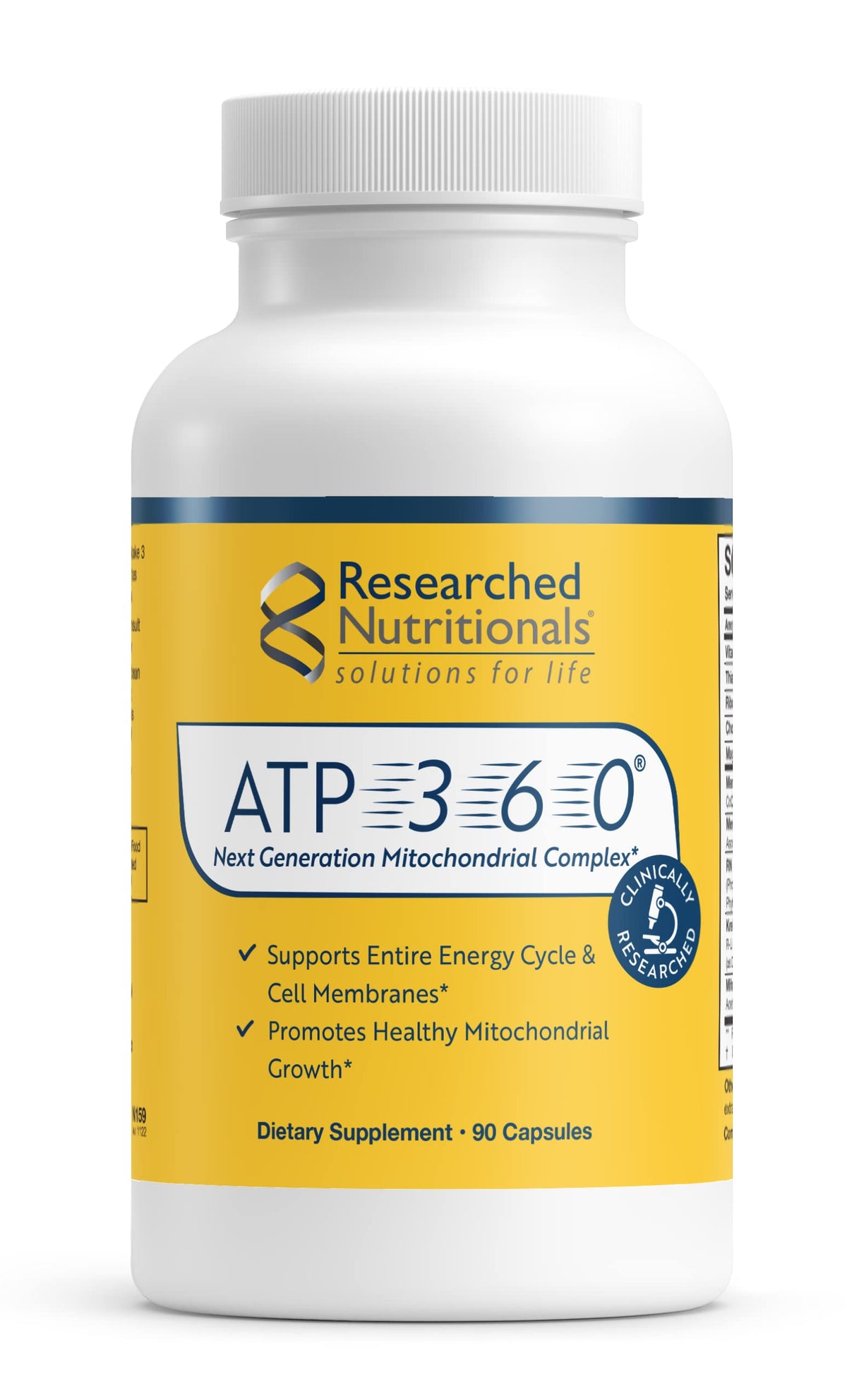 ATP 360 de Researched Nutritionals, botella frontal, apoyo diario al ciclo de energía.