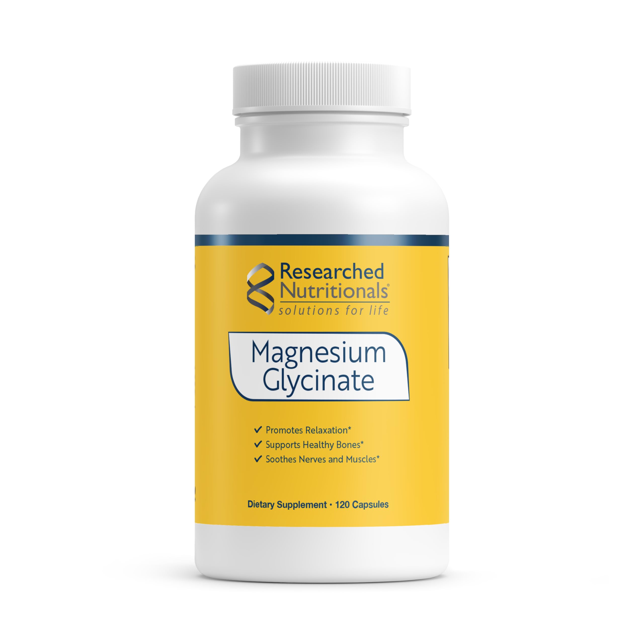 Researched Nutritionals Magnesium Glycinate cápsulas 125 mg en botella, uso diario recomendado.