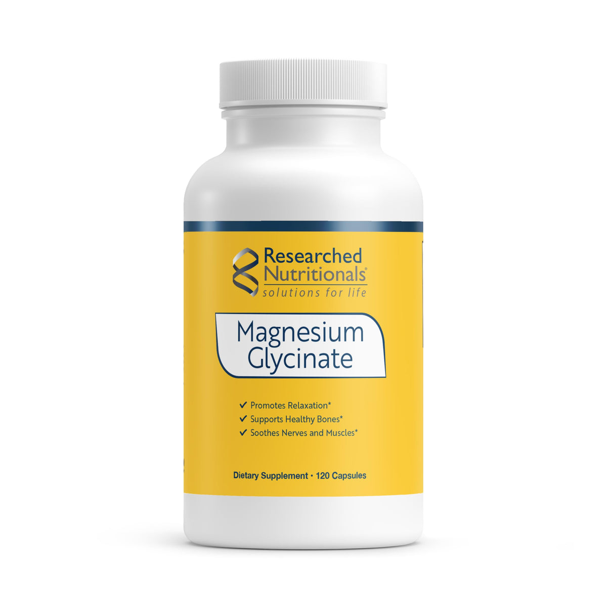 Researched Nutritionals Magnesium Glycinate cápsulas 125 mg en botella, uso diario recomendado.