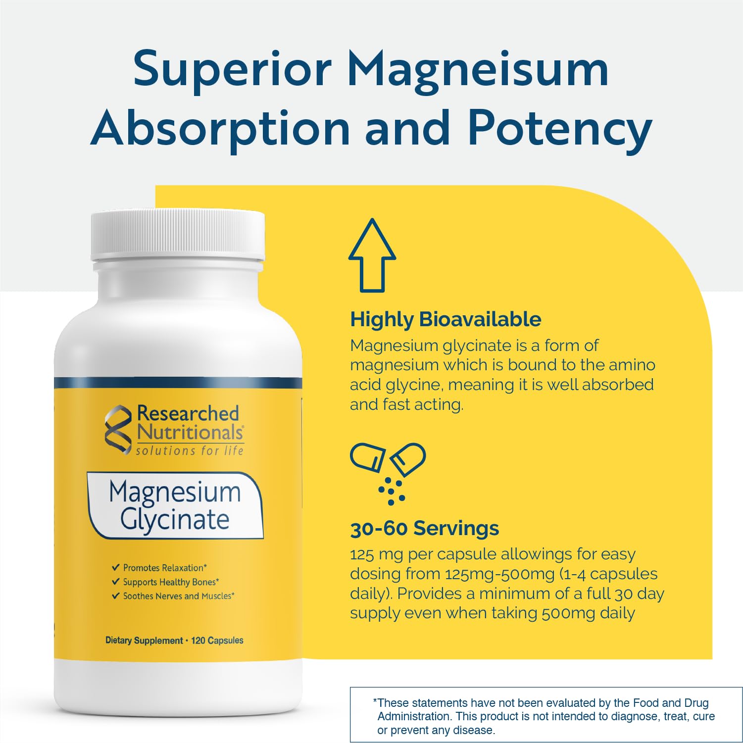 Cápsula de magnesium glycinate de Researched Nutritionals en primer plano, fácil de ingerir.