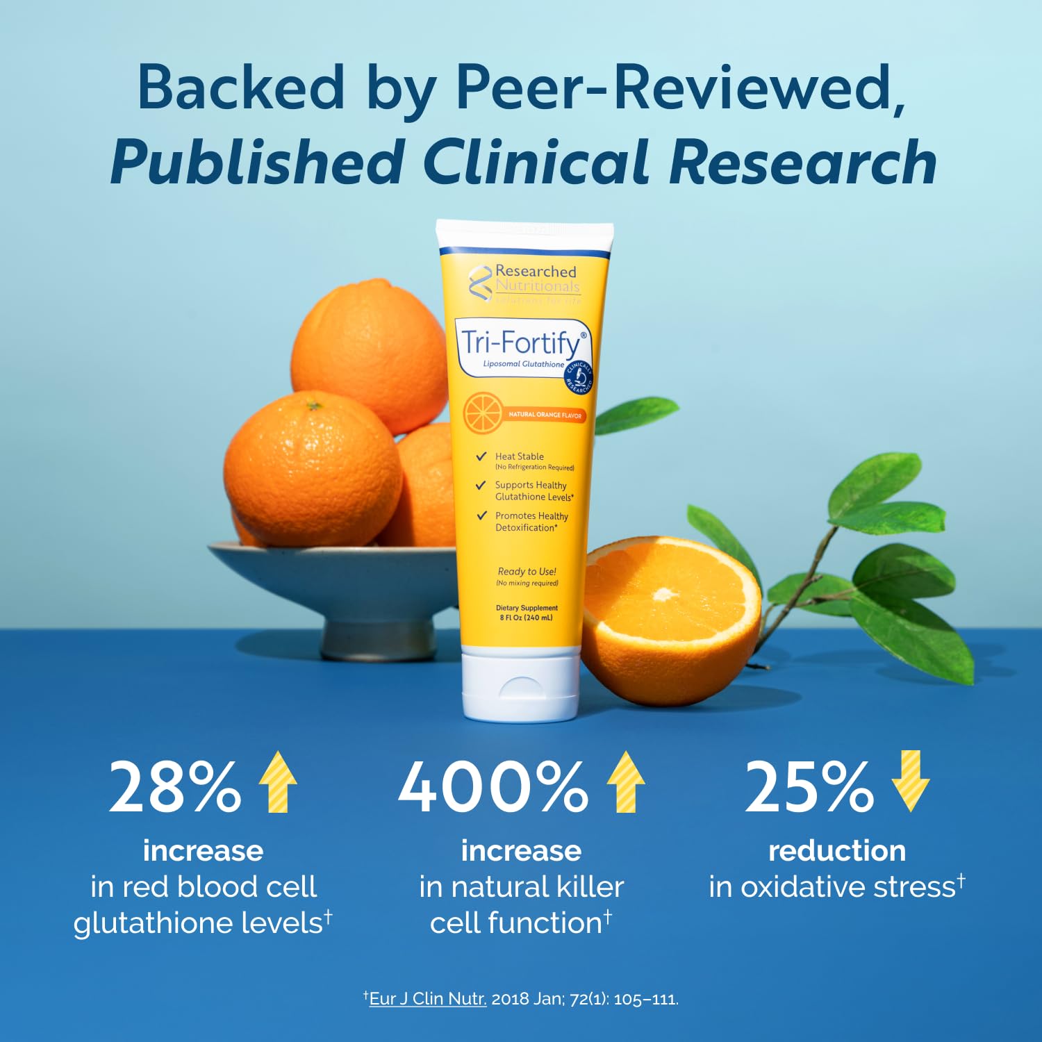 Researched Nutritionals Tri-Fortify glutatión liposomal etiqueta sabor naranja natural