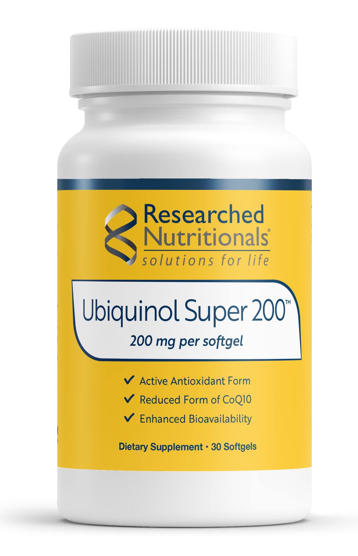 Researched Nutritionals Ubiquinol Super 200 en botella con dosis de 200 mg y absorción mejorada.