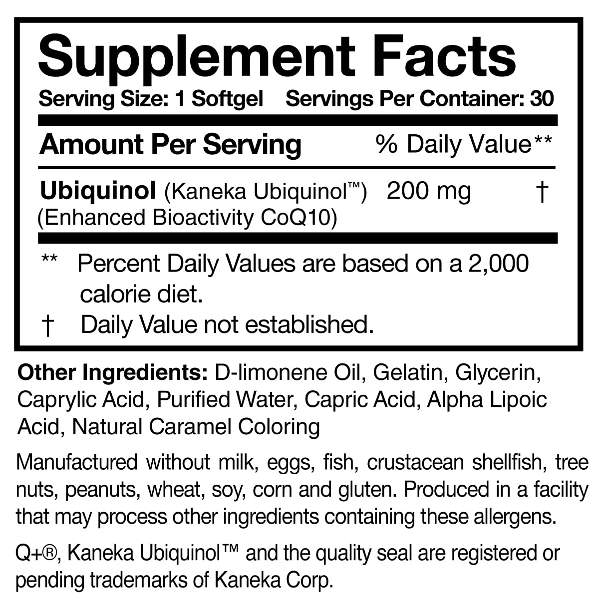 Etiqueta frontal de Ubiquinol Super 200 mostrando dosis y beneficios antioxidantes.