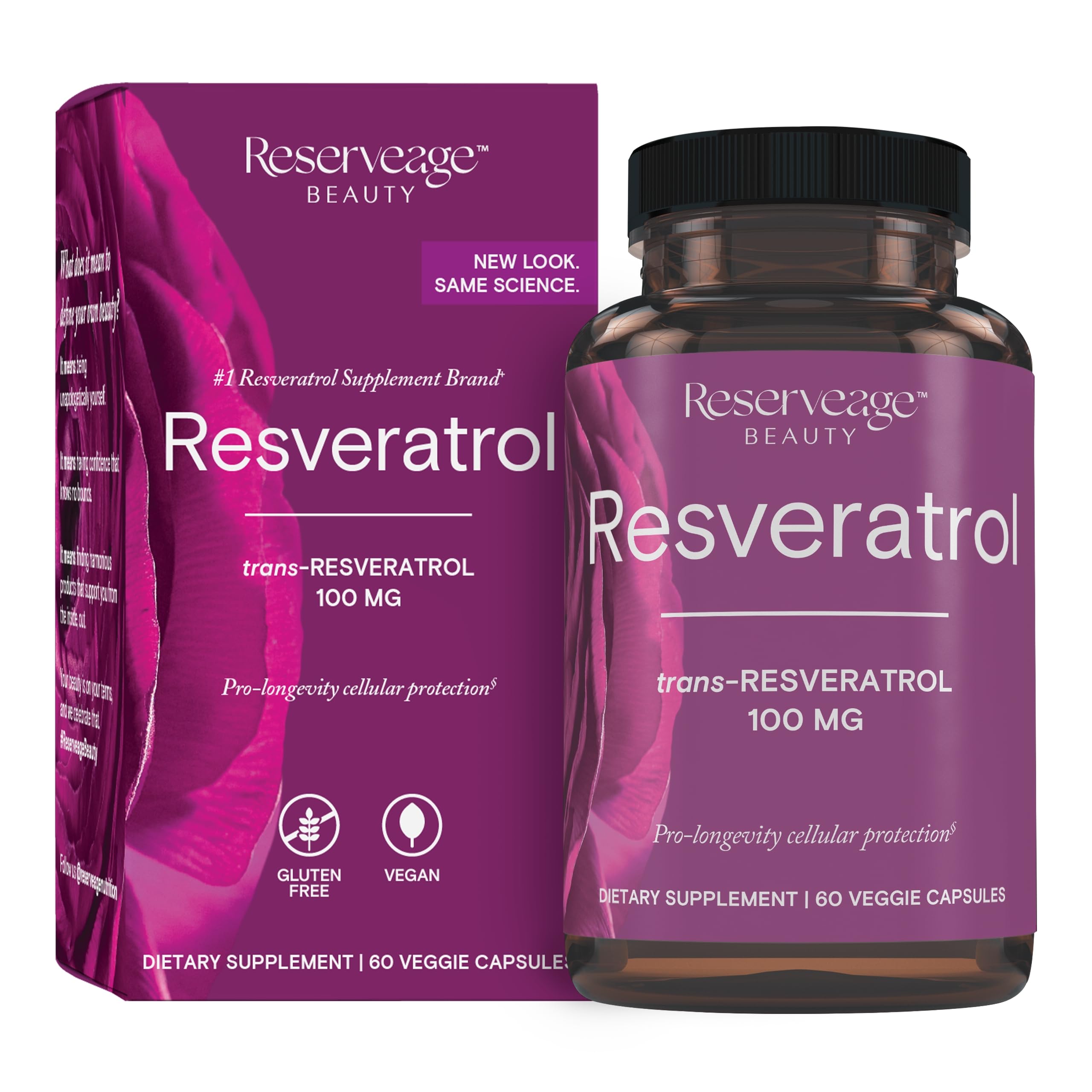 Reserveage Beauty Resveratrol 100 mg botella favorece la salud cardíaca y celular.