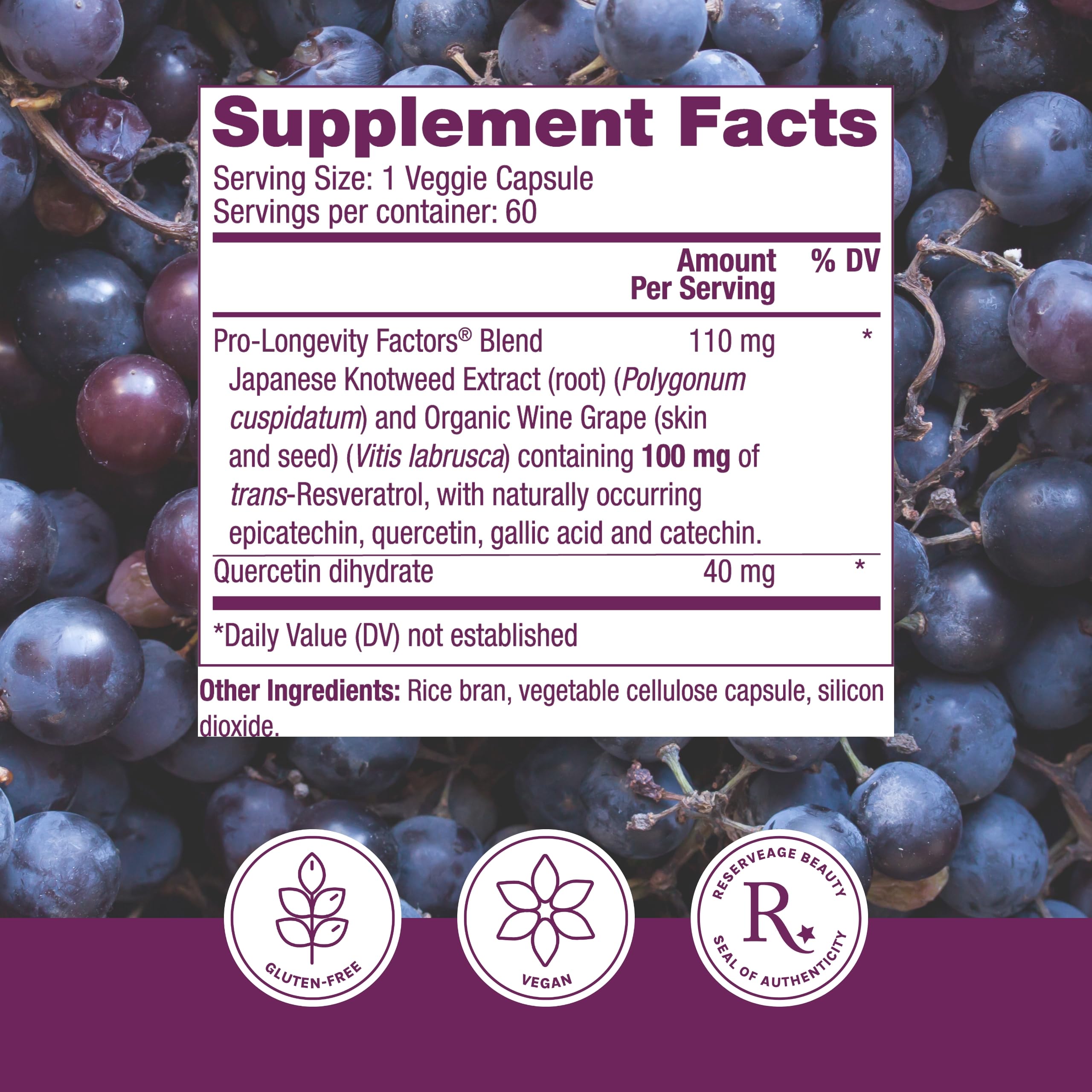 Reserveage Beauty Resveratrol 100 mg cápsulas vegetales para uso diario.
