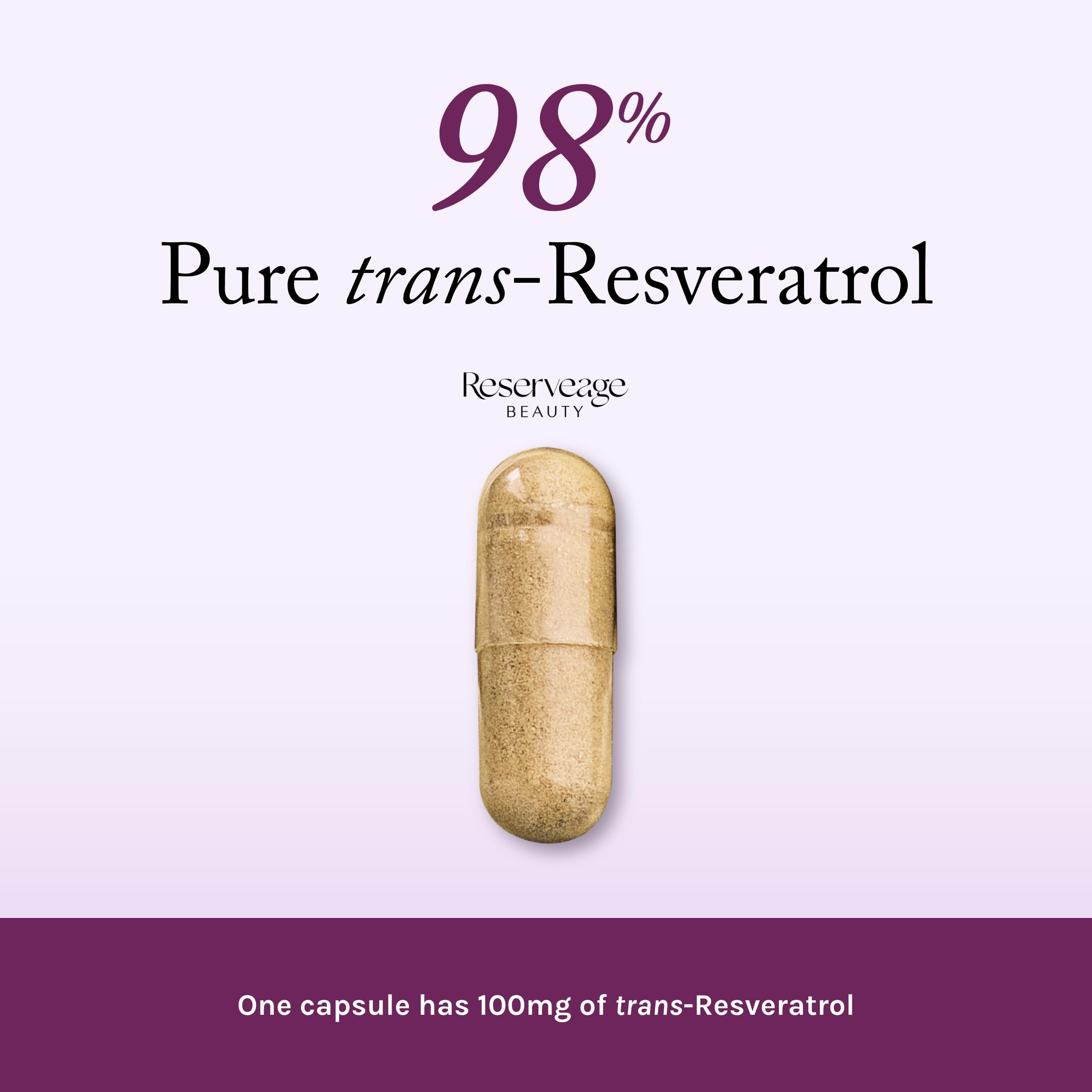Reserveage Beauty Resveratrol 100 mg etiqueta frontal sencilla y legible.
