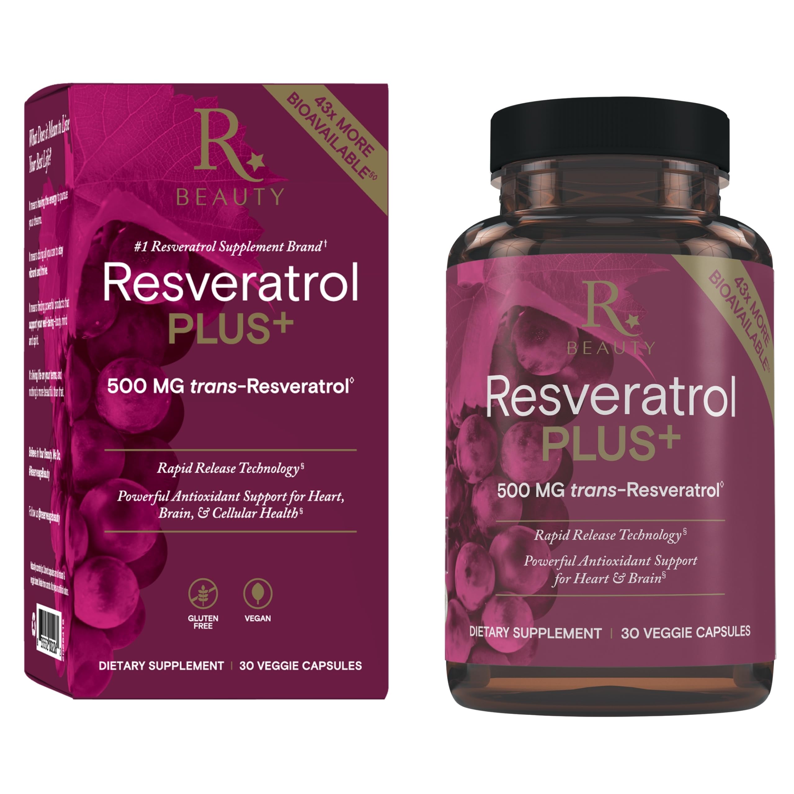 Reserveage Beauty Resveratrol Plus+ en botella, cápsulas veganas para uso diario.