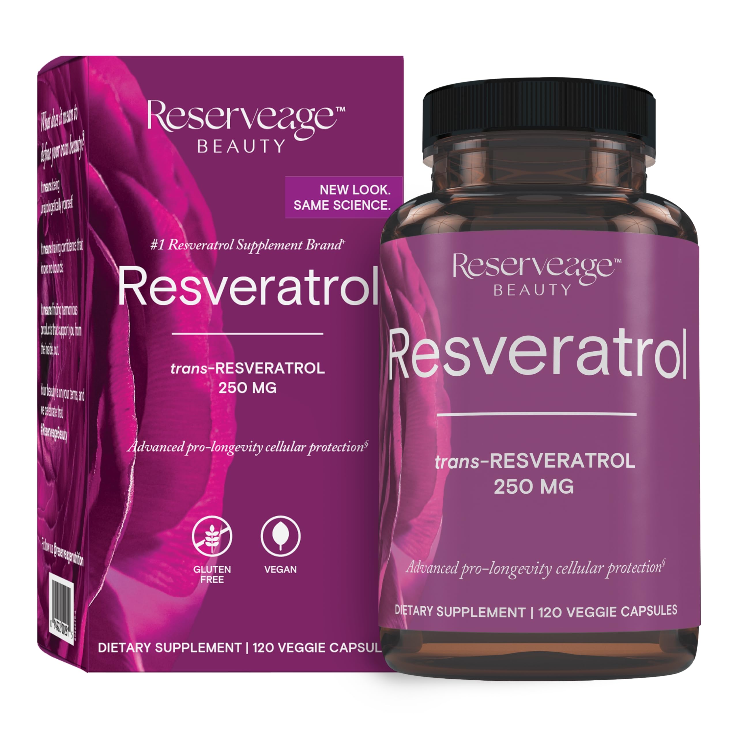 Reserveage Beauty Resveratrol 250 mg, botella frontal, apoyo a la salud celular y bienestar diario.