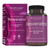 Reserveage Beauty Resveratrol 250 mg, botella frontal, apoyo a la salud celular y bienestar diario.