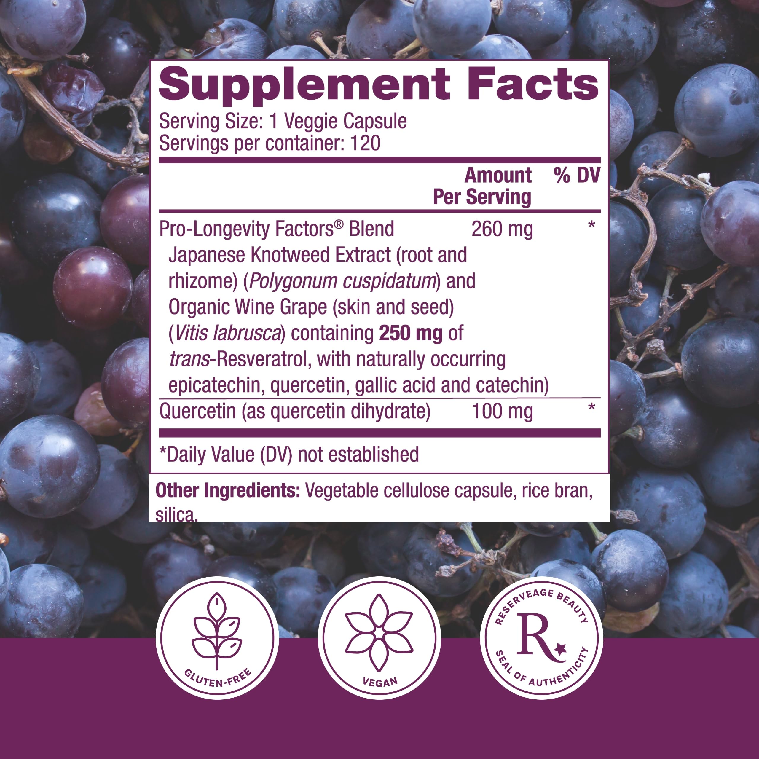 Reserveage Beauty Resveratrol 250 mg, cápsulas, consumo diario sin gluten ni conservantes.