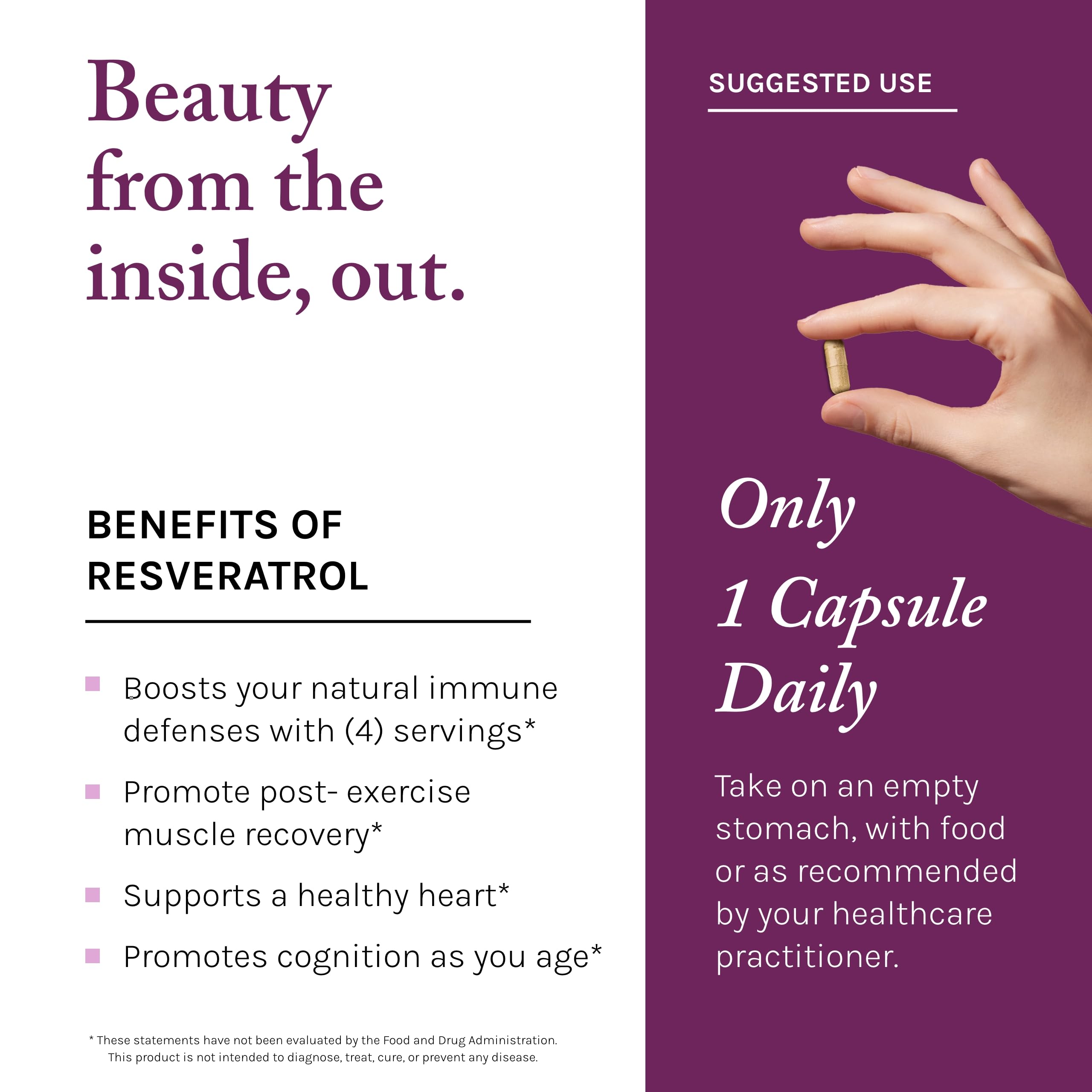 Reserveage Beauty Resveratrol 250 mg, envase compacto, ideal para viaje y rutina diaria.