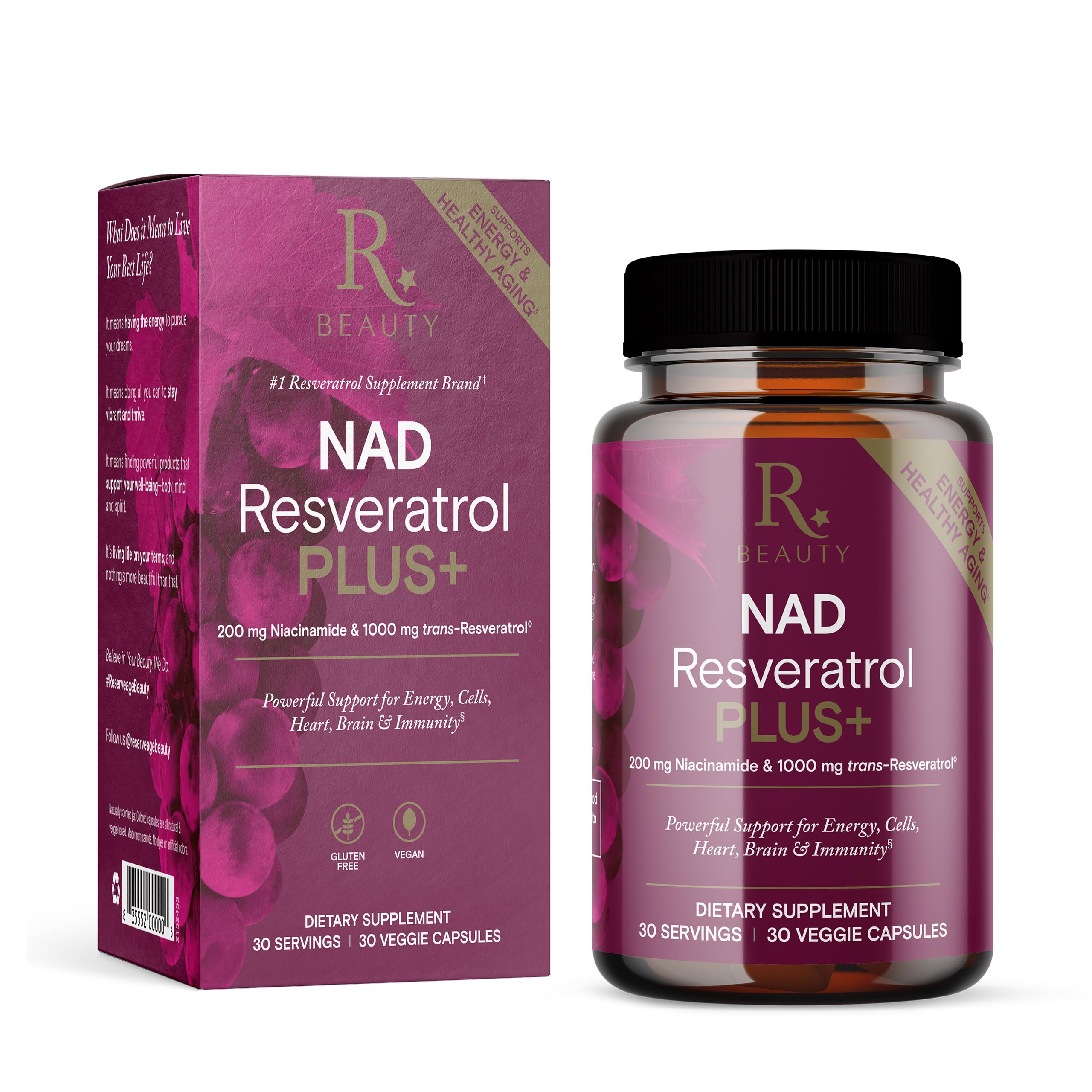 Reserveage NAD Resveratrol Plus, botella vertiendo; apoyo antioxidante para energía diaria.