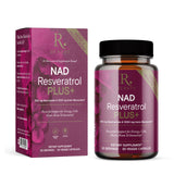 Reserveage NAD Resveratrol Plus, botella vertiendo; apoyo antioxidante para energía diaria.