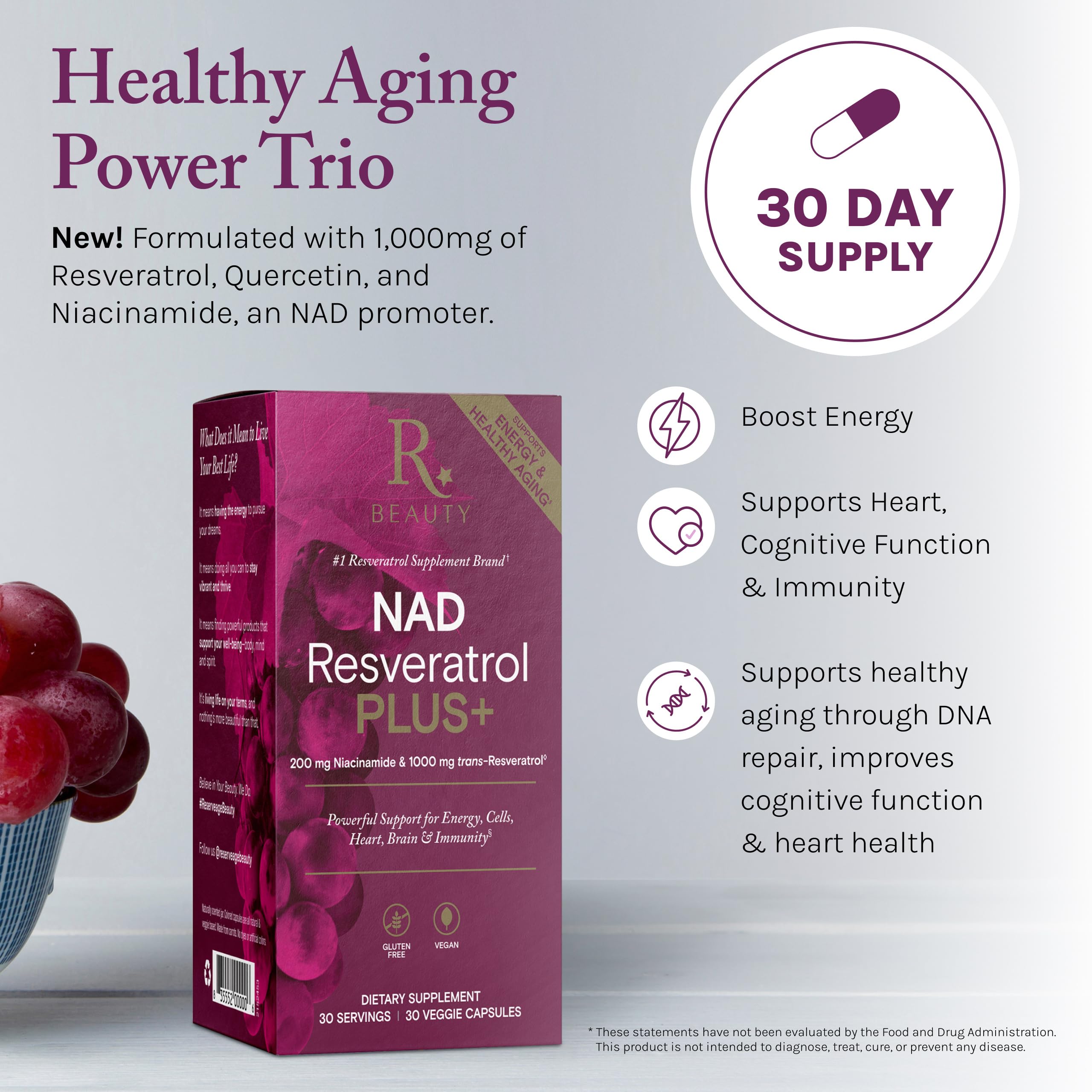 Reserveage NAD Resveratrol Plus, etiqueta frontal; confianza en trans-resveratrol y niacinamida.