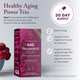 Reserveage NAD Resveratrol Plus, etiqueta frontal; confianza en trans-resveratrol y niacinamida.