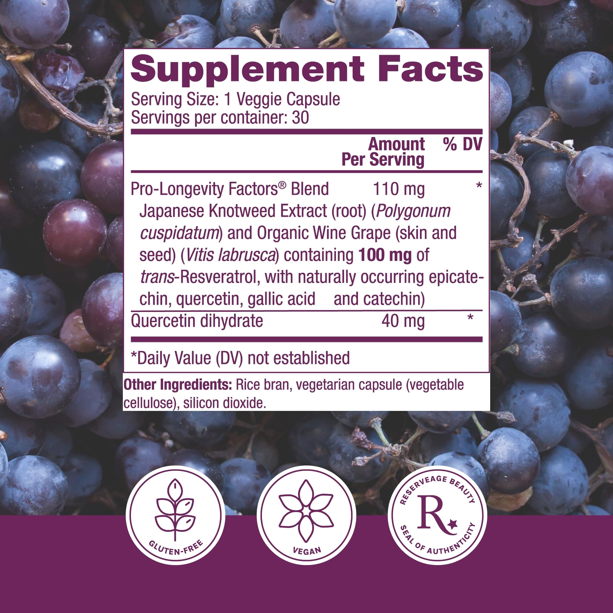 Reserveage Nutrition Resveratrol cápsulas, ingesta diaria fácil y conveniente