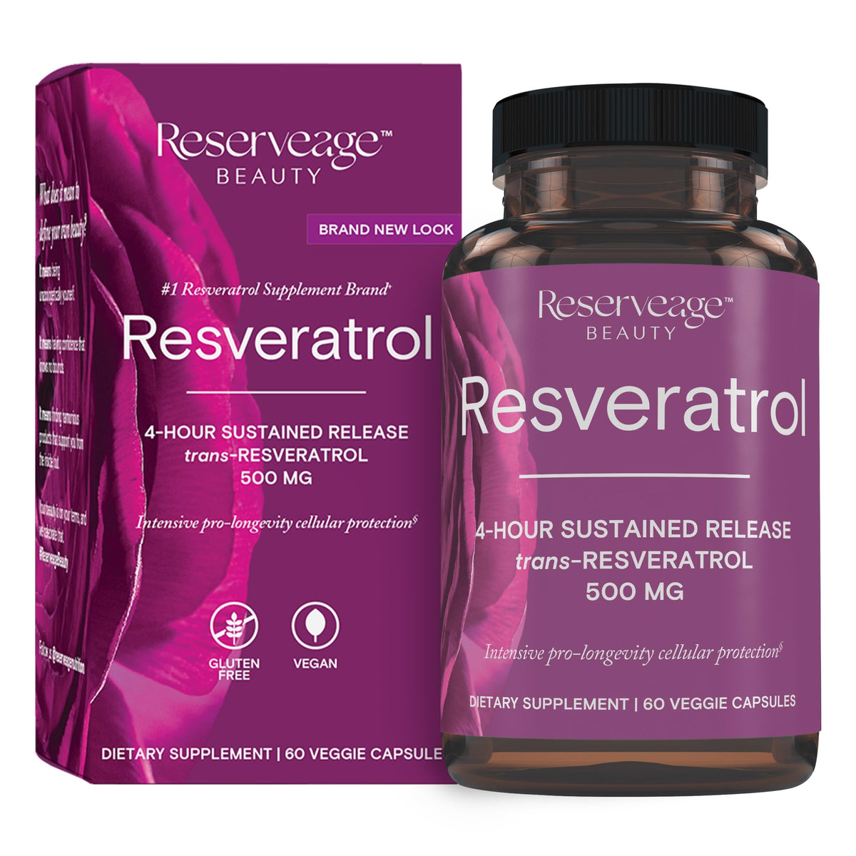 Reserveage Resveratrol 500 mg en envase, apoyo antioxidante para bienestar diario