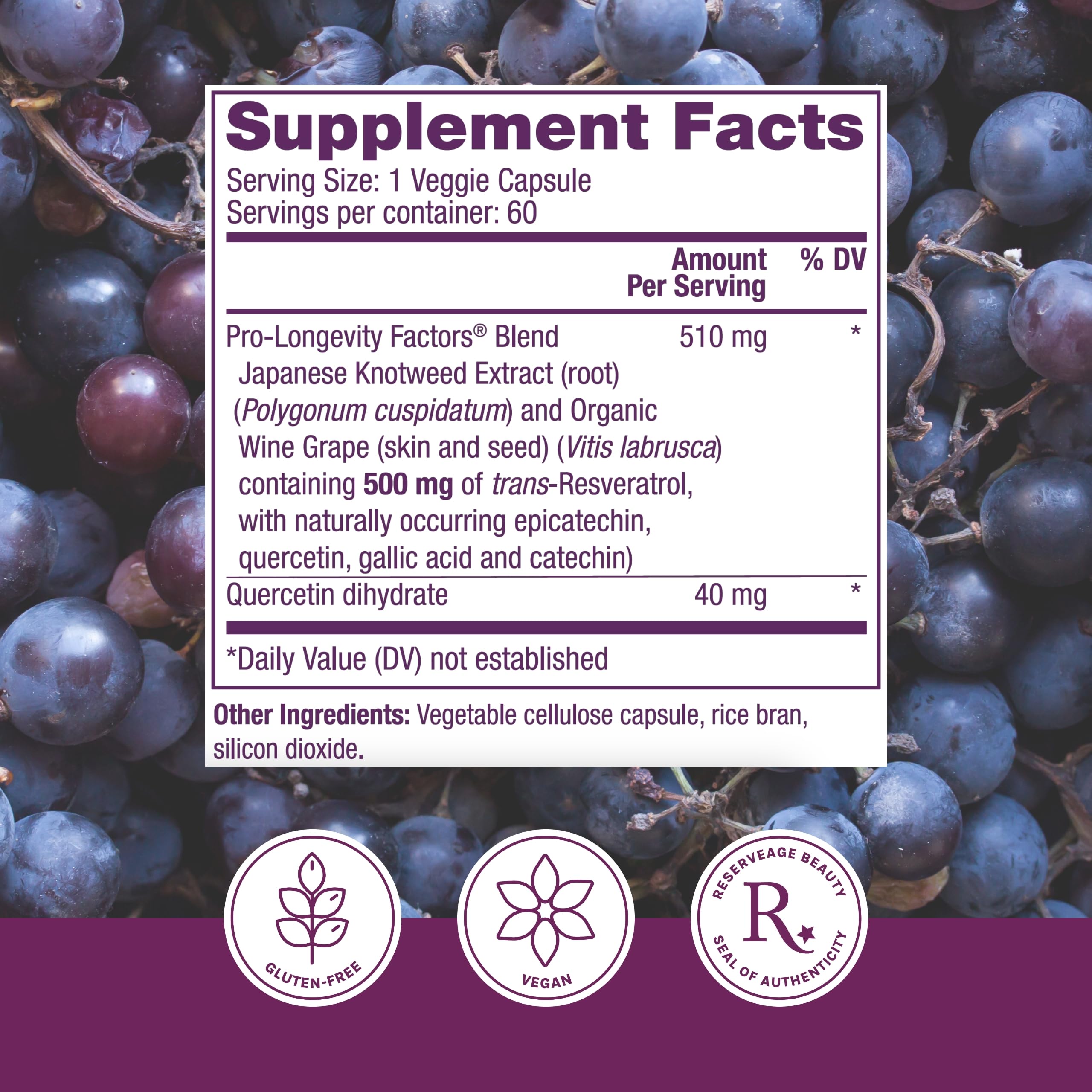 Etiqueta frontal de Reserveage Resveratrol 500 mg con indicaciones claras de uso